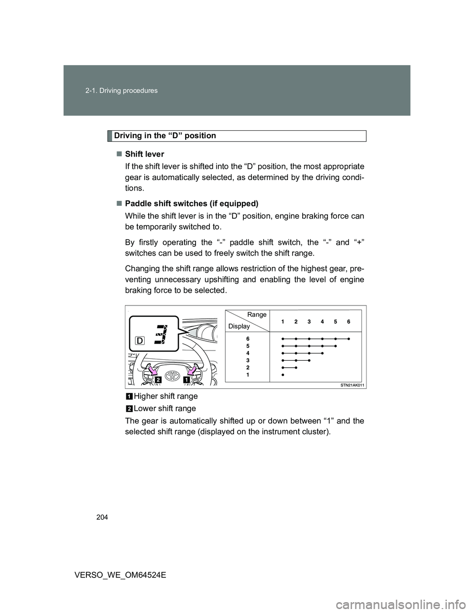 TOYOTA VERSO 2011 Owners Manual 204 2-1. Driving procedures
VERSO_WE_OM64524E
Driving in the “D” position
Shift lever
If the shift lever is shifted into the “D” position, the most appropriate
gear is automatically select TOYOTA VERSO 2011 Owners Manual 204 2-1. Driving procedures
VERSO_WE_OM64524E
Driving in the “D” position
Shift lever
If the shift lever is shifted into the “D” position, the most appropriate
gear is automatically select