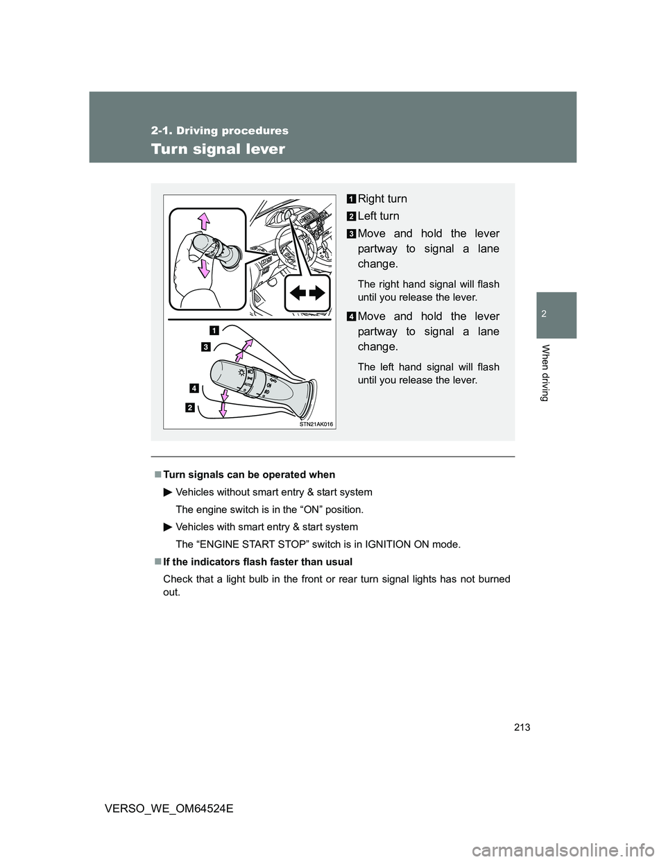 TOYOTA VERSO 2011  Owners Manual 213
2-1. Driving procedures
2
When driving
VERSO_WE_OM64524E
Turn signal lever
Turn signals can be operated when
Vehicles without smart entry & start system
The engine switch is in the “ON” pos