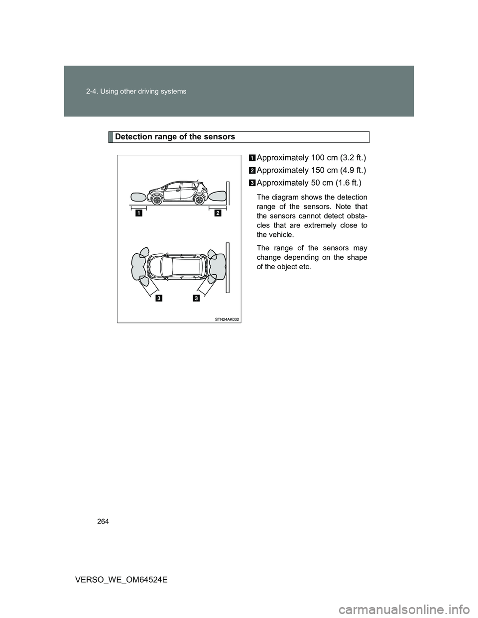TOYOTA VERSO 2011 Owners Manual 264 2-4. Using other driving systems
VERSO_WE_OM64524E
Detection range of the sensors
Approximately 100 cm (3.2 ft.)
Approximately 150 cm (4.9 ft.)
Approximately 50 cm (1.6 ft.)
The diagram shows the TOYOTA VERSO 2011 Owners Manual 264 2-4. Using other driving systems
VERSO_WE_OM64524E
Detection range of the sensors
Approximately 100 cm (3.2 ft.)
Approximately 150 cm (4.9 ft.)
Approximately 50 cm (1.6 ft.)
The diagram shows the