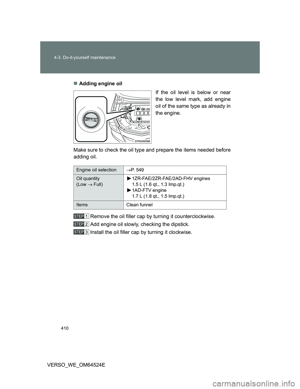 TOYOTA VERSO 2011  Owners Manual 410 4-3. Do-it-yourself maintenance
VERSO_WE_OM64524EAdding engine oil
If the oil level is below or near
the low level mark, add engine
oil of the same type as already in
the engine.
Make sure to c