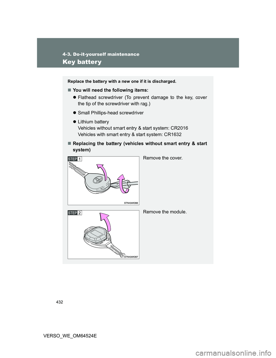 TOYOTA VERSO 2011  Owners Manual 432
4-3. Do-it-yourself maintenance
VERSO_WE_OM64524E
Key batter y
Replace the battery with a new one if it is discharged.
You will need the following items:
Flathead screwdriver (To prevent dam