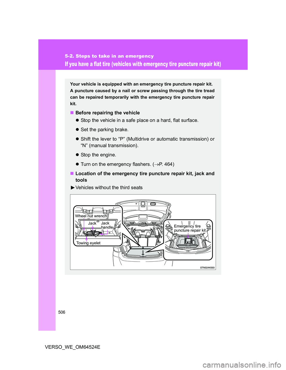 TOYOTA VERSO 2011 Owners Manual 506
5-2. Steps to take in an emergency
VERSO_WE_OM64524E
If you have a flat tire (vehicles with emergency tire puncture repair kit)
Your vehicle is equipped with an emergency tire puncture repair kit. TOYOTA VERSO 2011 Owners Manual 506
5-2. Steps to take in an emergency
VERSO_WE_OM64524E
If you have a flat tire (vehicles with emergency tire puncture repair kit)
Your vehicle is equipped with an emergency tire puncture repair kit.