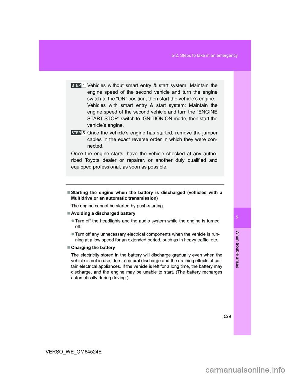 TOYOTA VERSO 2011 Owners Manual 5
529 5-2. Steps to take in an emergency
When trouble arises
VERSO_WE_OM64524E
Starting the engine when the battery is discharged (vehicles with a
Multidrive or an automatic transmission)
The engin TOYOTA VERSO 2011 Owners Manual 5
529 5-2. Steps to take in an emergency
When trouble arises
VERSO_WE_OM64524E
Starting the engine when the battery is discharged (vehicles with a
Multidrive or an automatic transmission)
The engin