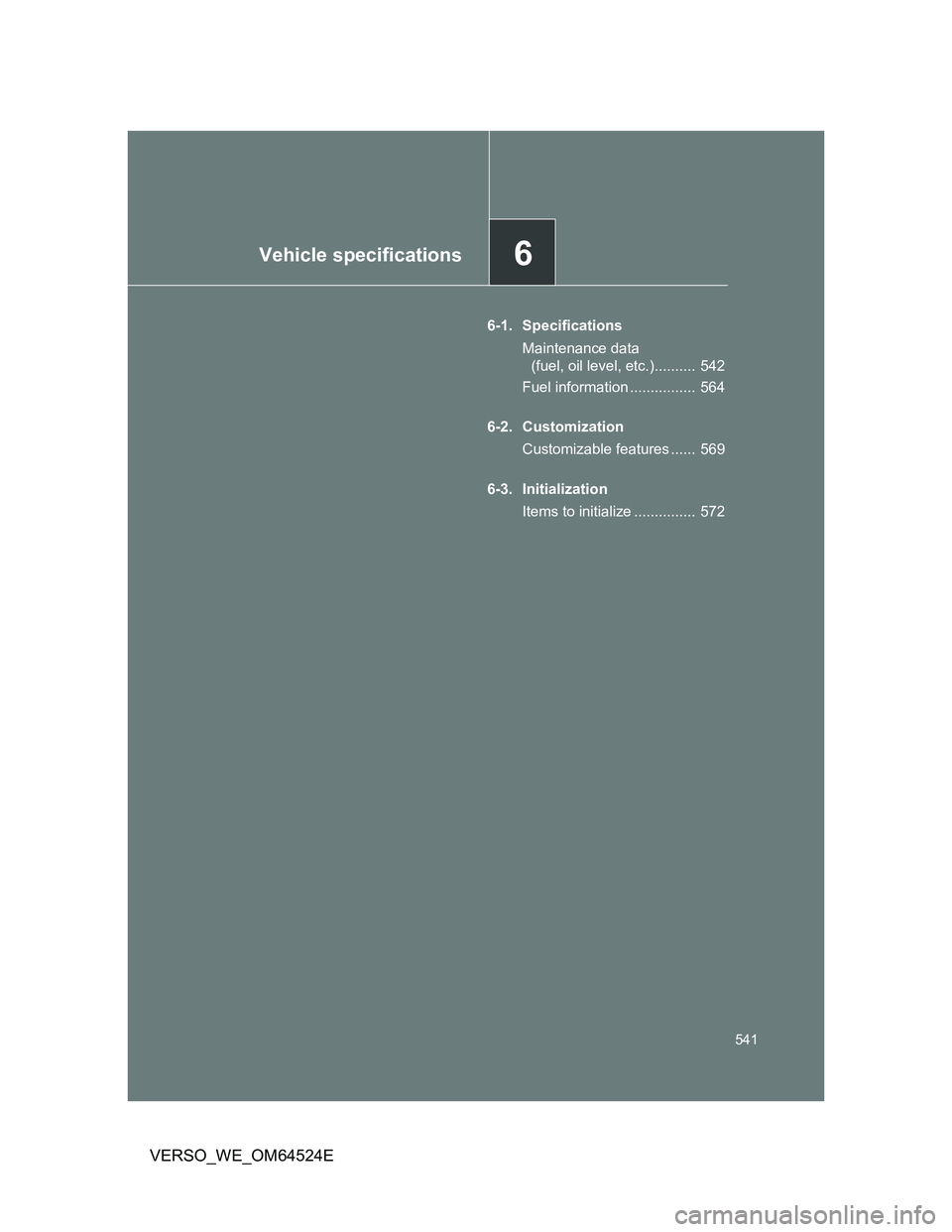 TOYOTA VERSO 2011  Owners Manual 6Vehicle specifications
541
VERSO_WE_OM64524E
6-1. Specifications
Maintenance data 
(fuel, oil level, etc.)..........  542
Fuel information ................  564
6-2. Customization
Customizable featur