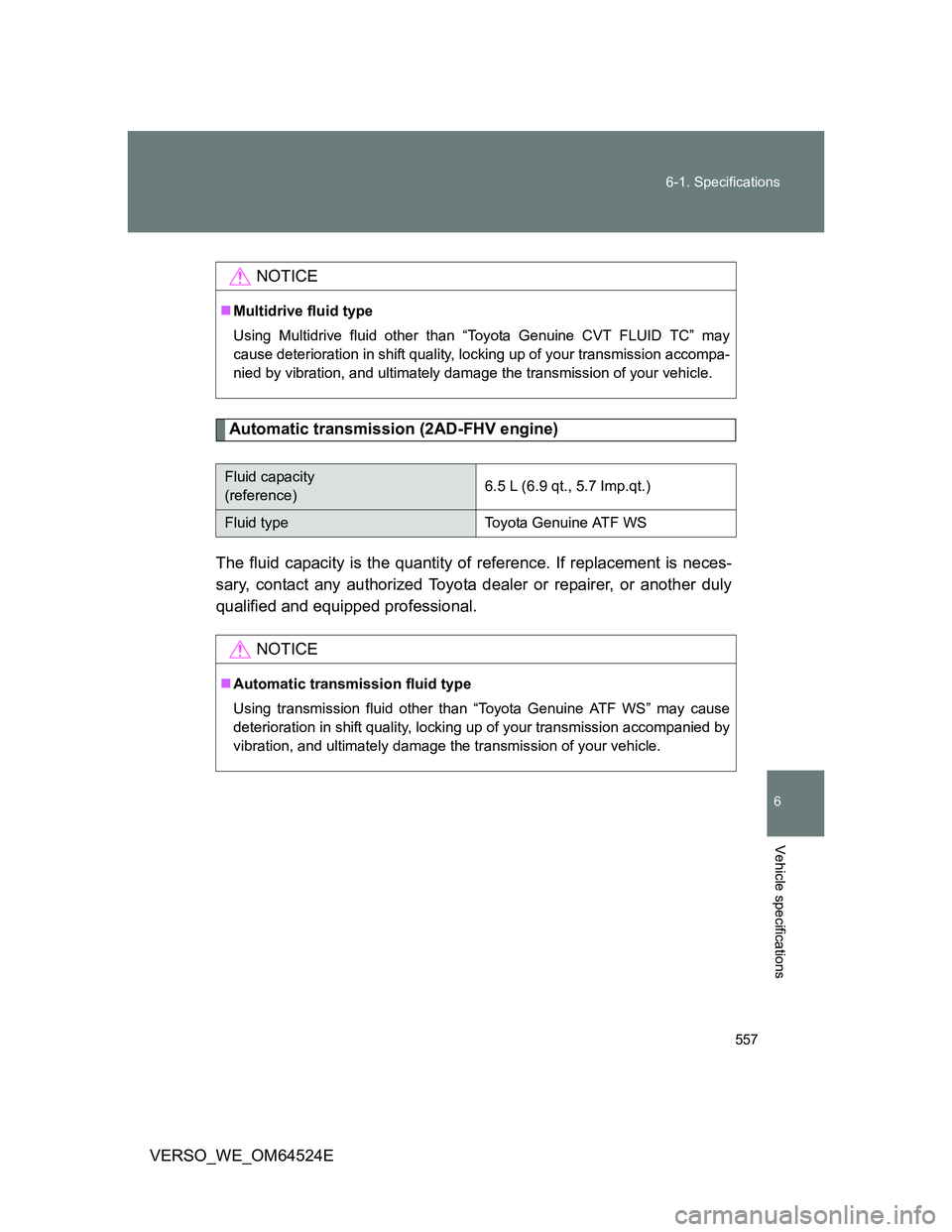 TOYOTA VERSO 2011  Owners Manual 557 6-1. Specifications
6
Vehicle specifications
VERSO_WE_OM64524E
Automatic transmission (2AD-FHV engine)
The fluid capacity is the quantity of reference. If replacement is neces-
sary, contact any a