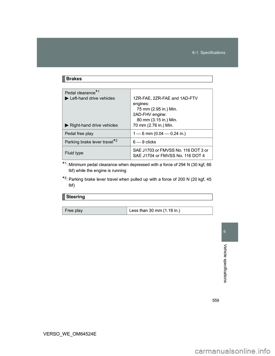 TOYOTA VERSO 2011  Owners Manual 559 6-1. Specifications
6
Vehicle specifications
VERSO_WE_OM64524E
Brakes
*1: Minimum pedal clearance when depressed with a force of 294 N (30 kgf, 66
lbf) while the engine is running
*2: Parking brak