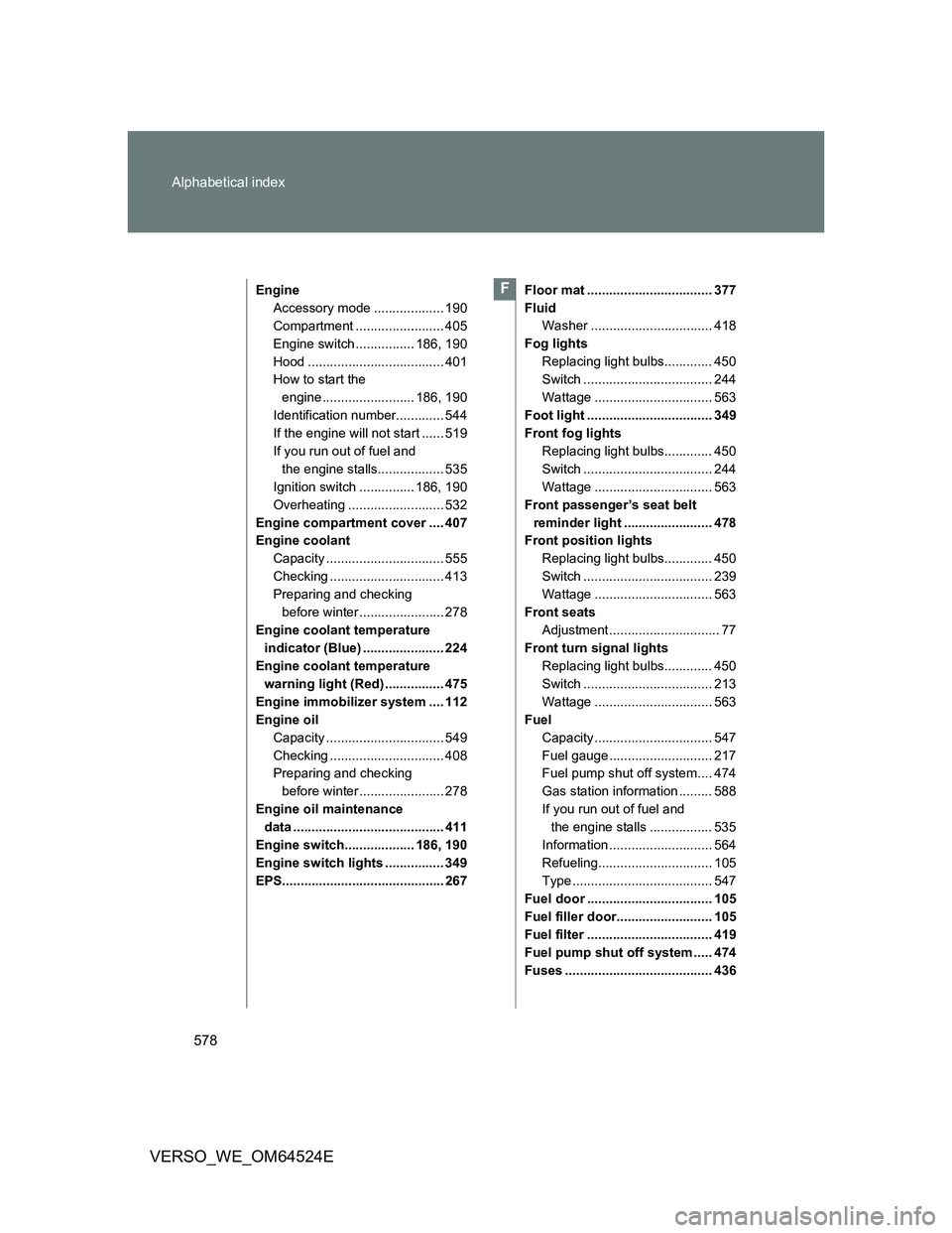 TOYOTA VERSO 2011 Owners Manual 578 Alphabetical index
VERSO_WE_OM64524E
Engine
Accessory mode ................... 190
Compartment ........................ 405
Engine switch ................ 186, 190
Hood ........................... TOYOTA VERSO 2011 Owners Manual 578 Alphabetical index
VERSO_WE_OM64524E
Engine
Accessory mode ................... 190
Compartment ........................ 405
Engine switch ................ 186, 190
Hood ...........................
