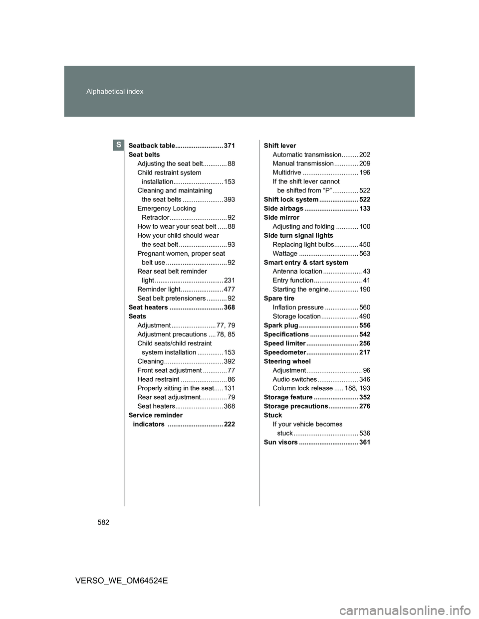 TOYOTA VERSO 2011 Owners Manual 582 Alphabetical index
VERSO_WE_OM64524E
Seatback table.......................... 371
Seat belts
Adjusting the seat belt............. 88
Child restraint system
installation........................... TOYOTA VERSO 2011 Owners Manual 582 Alphabetical index
VERSO_WE_OM64524E
Seatback table.......................... 371
Seat belts
Adjusting the seat belt............. 88
Child restraint system
installation...........................
