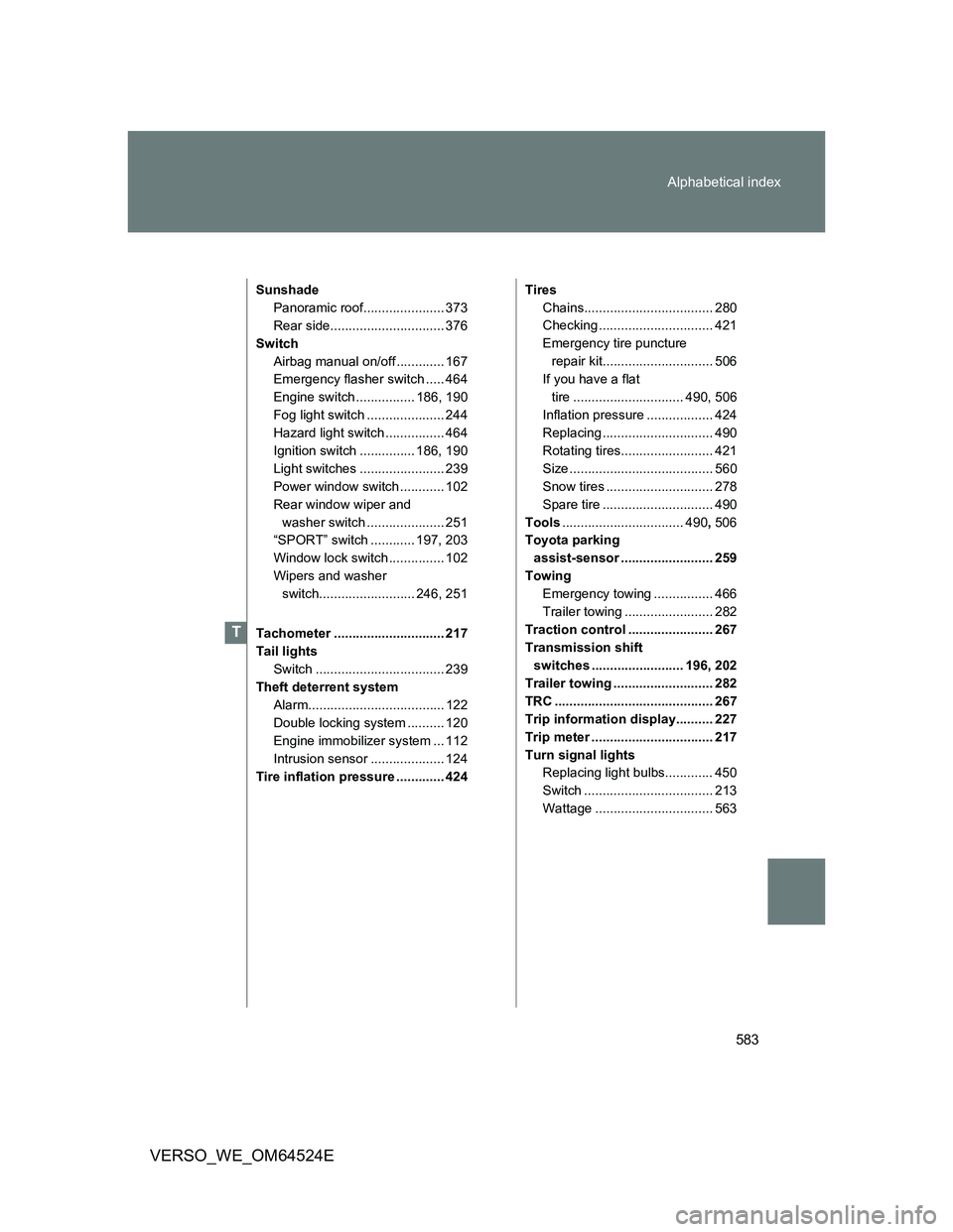 TOYOTA VERSO 2011 Owners Guide 583 Alphabetical index
VERSO_WE_OM64524E
Sunshade
Panoramic roof...................... 373
Rear side............................... 376
Switch
Airbag manual on/off ............. 167
Emergency flasher TOYOTA VERSO 2011 Owners Guide 583 Alphabetical index
VERSO_WE_OM64524E
Sunshade
Panoramic roof...................... 373
Rear side............................... 376
Switch
Airbag manual on/off ............. 167
Emergency flasher