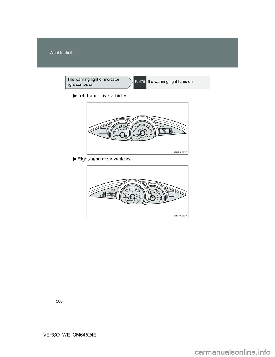 TOYOTA VERSO 2011 Owners Manual 586 What to do if...
VERSO_WE_OM64524ELeft-hand drive vehicles
Right-hand drive vehicles
The warning light or indicator
light comes onP. 475If a warning light turns on TOYOTA VERSO 2011 Owners Manual 586 What to do if...
VERSO_WE_OM64524ELeft-hand drive vehicles
Right-hand drive vehicles
The warning light or indicator
light comes onP. 475If a warning light turns on