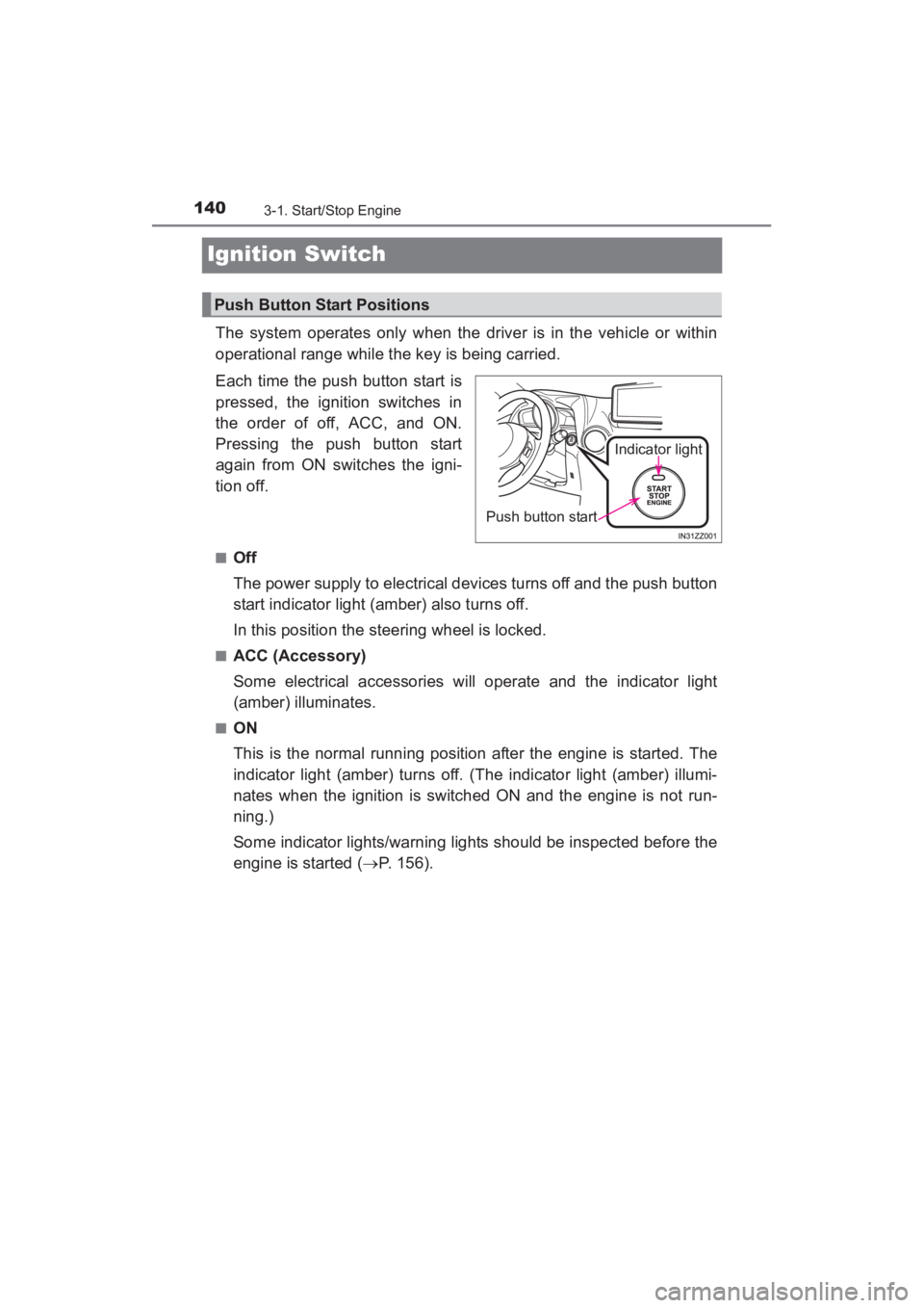 TOYOTA YARIS 2016 Owners Manual 140
YARIS_SEDAN_OM_OM99M18z_(U)
3-1. Start/Stop Engine
Ignition Switch
The system operates only when the driver is in the vehicle or within
operational range while the key is being carried.
Each time TOYOTA YARIS 2016 Owners Manual 140
YARIS_SEDAN_OM_OM99M18z_(U)
3-1. Start/Stop Engine
Ignition Switch
The system operates only when the driver is in the vehicle or within
operational range while the key is being carried.
Each time