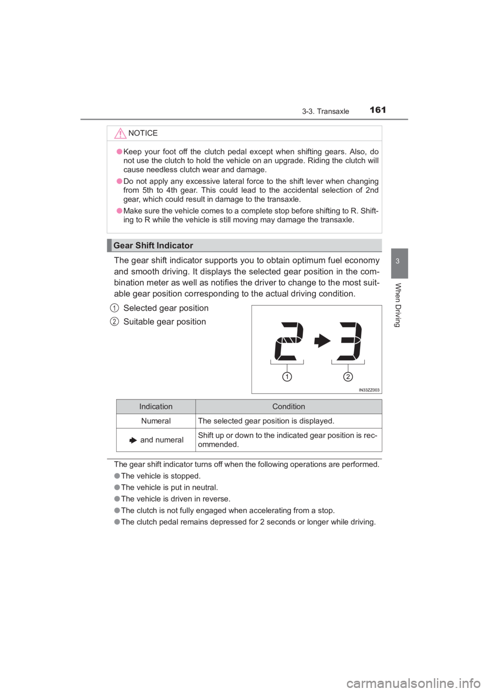 TOYOTA YARIS 2016 Owners Manual YARIS_SEDAN_OM_OM99M18z_(U)
1613-3. Transaxle
3
When Driving
The gear shift indicator supports you to obtain optimum fuel economy
and smooth driving. It displays the selected gear position in the com- TOYOTA YARIS 2016 Owners Manual YARIS_SEDAN_OM_OM99M18z_(U)
1613-3. Transaxle
3
When Driving
The gear shift indicator supports you to obtain optimum fuel economy
and smooth driving. It displays the selected gear position in the com-