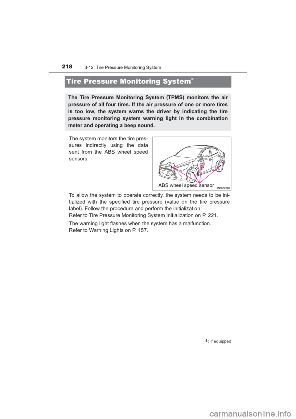 TOYOTA YARIS 2016 Owners Manual 218
YARIS_SEDAN_OM_OM99M18z_(U)
3-12. Tire Pressure Monitoring System
Tire Pressure Monitoring System∗
The system monitors the tire pres-
sures indirectly using the data
sent from the ABS wheel spee TOYOTA YARIS 2016 Owners Manual 218
YARIS_SEDAN_OM_OM99M18z_(U)
3-12. Tire Pressure Monitoring System
Tire Pressure Monitoring System∗
The system monitors the tire pres-
sures indirectly using the data
sent from the ABS wheel spee