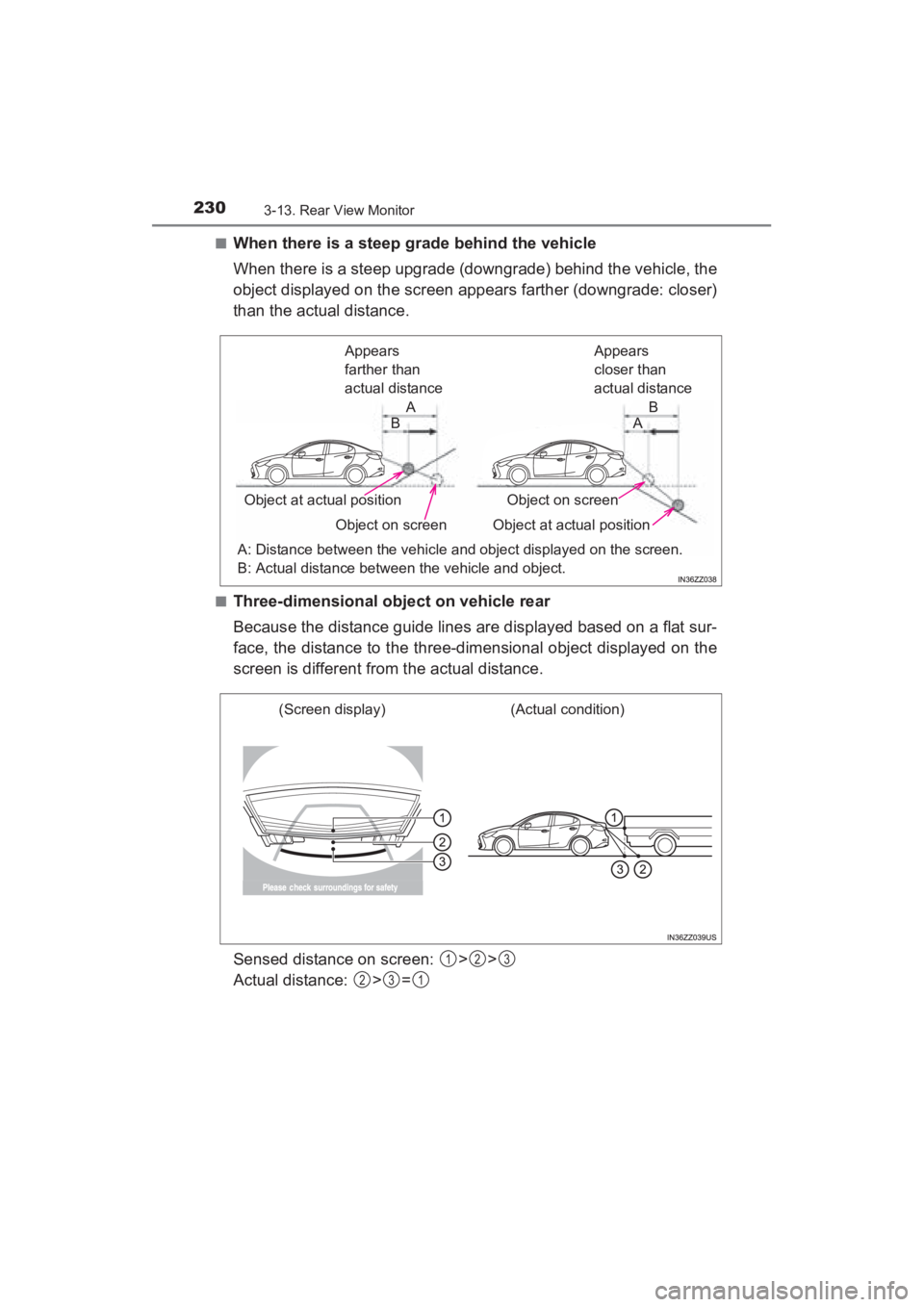 TOYOTA YARIS 2016  Owners Manual 230
YARIS_SEDAN_OM_OM99M18z_(U)
3-13. Rear View Monitor
■When there is a steep grade behind the vehicle
When there is a steep upgrade (downgrade) behind the vehicle, the
object displayed on the scre