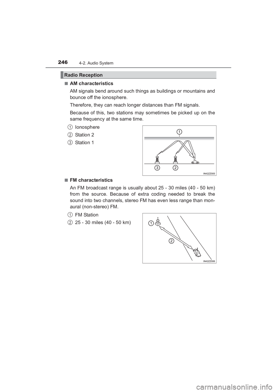 TOYOTA YARIS 2016 Owners Manual 246
YARIS_SEDAN_OM_OM99M18z_(U)
4-2. Audio System
■AM characteristics
AM signals bend around such things as buildings or mountains and
bounce off the ionosphere.
Therefore, they can reach longer dis TOYOTA YARIS 2016 Owners Manual 246
YARIS_SEDAN_OM_OM99M18z_(U)
4-2. Audio System
■AM characteristics
AM signals bend around such things as buildings or mountains and
bounce off the ionosphere.
Therefore, they can reach longer dis