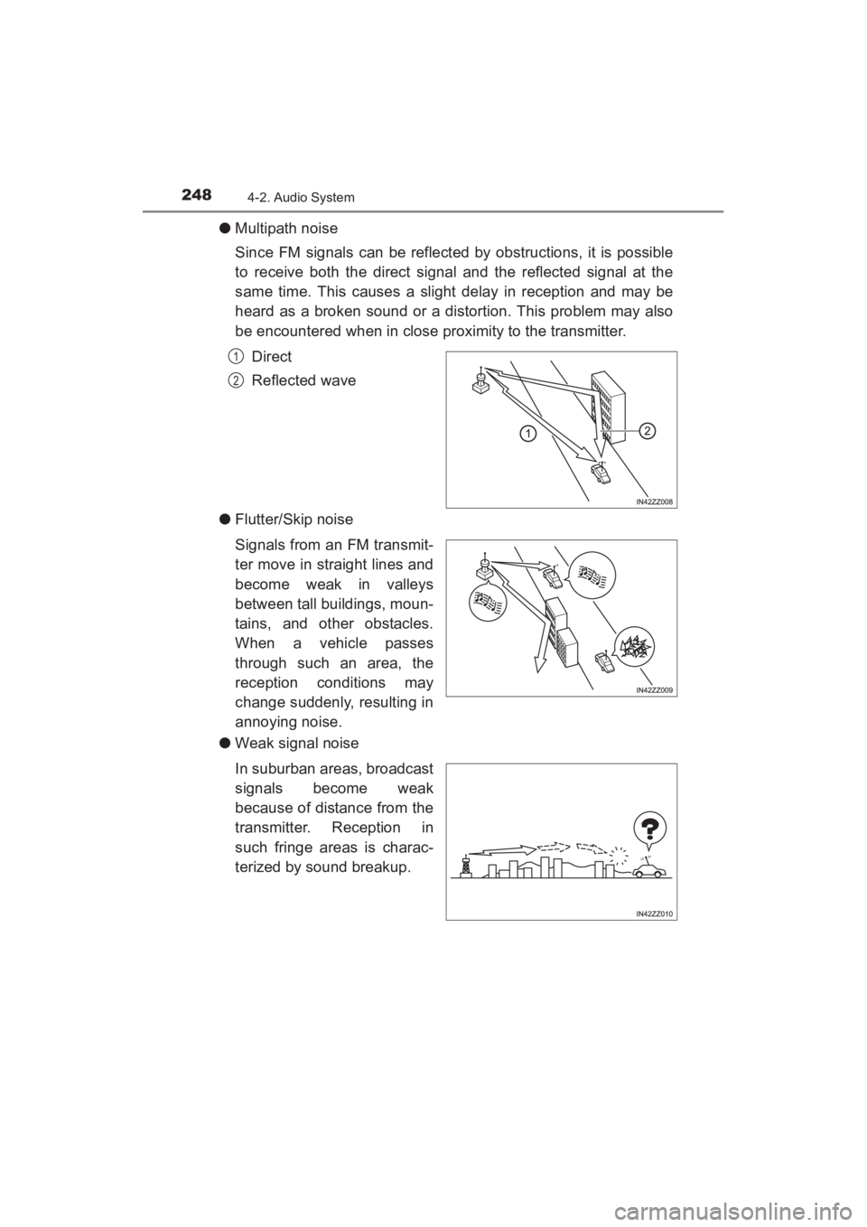 TOYOTA YARIS 2016 Owners Manual 248
YARIS_SEDAN_OM_OM99M18z_(U)
4-2. Audio System
●Multipath noise
Since FM signals can be reflected by obstructions, it is possible
to receive both the direct signal and the reflected signal at the TOYOTA YARIS 2016 Owners Manual 248
YARIS_SEDAN_OM_OM99M18z_(U)
4-2. Audio System
●Multipath noise
Since FM signals can be reflected by obstructions, it is possible
to receive both the direct signal and the reflected signal at the