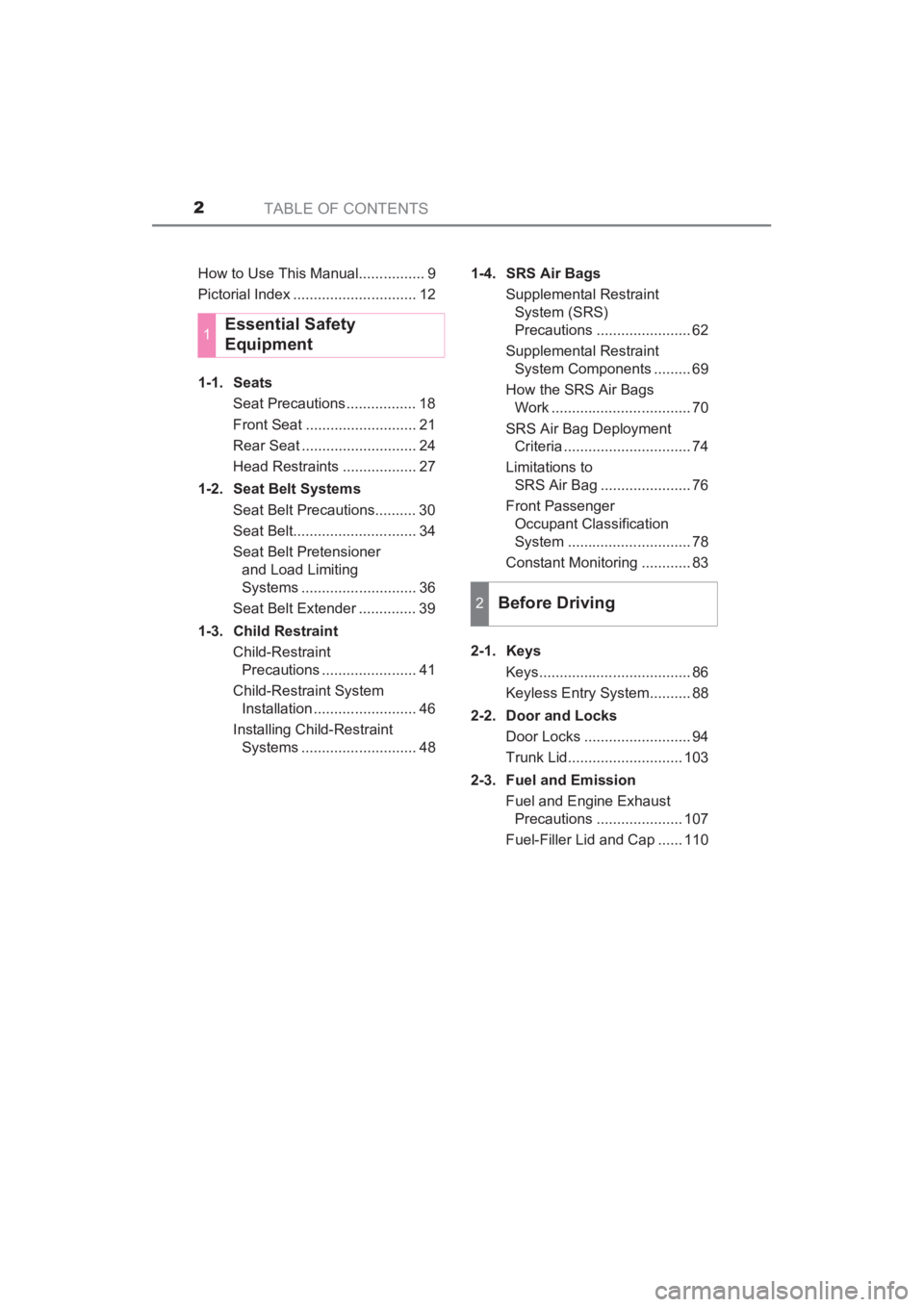 TOYOTA YARIS 2016  Owners Manual TABLE OF CONTENTS2
YARIS_SEDAN_OM_OM99M18z_(U)How to Use This Manual................ 9
Pictorial Index .............................. 12
1-1. Seats
Seat Precautions ................. 18
Front Seat ...