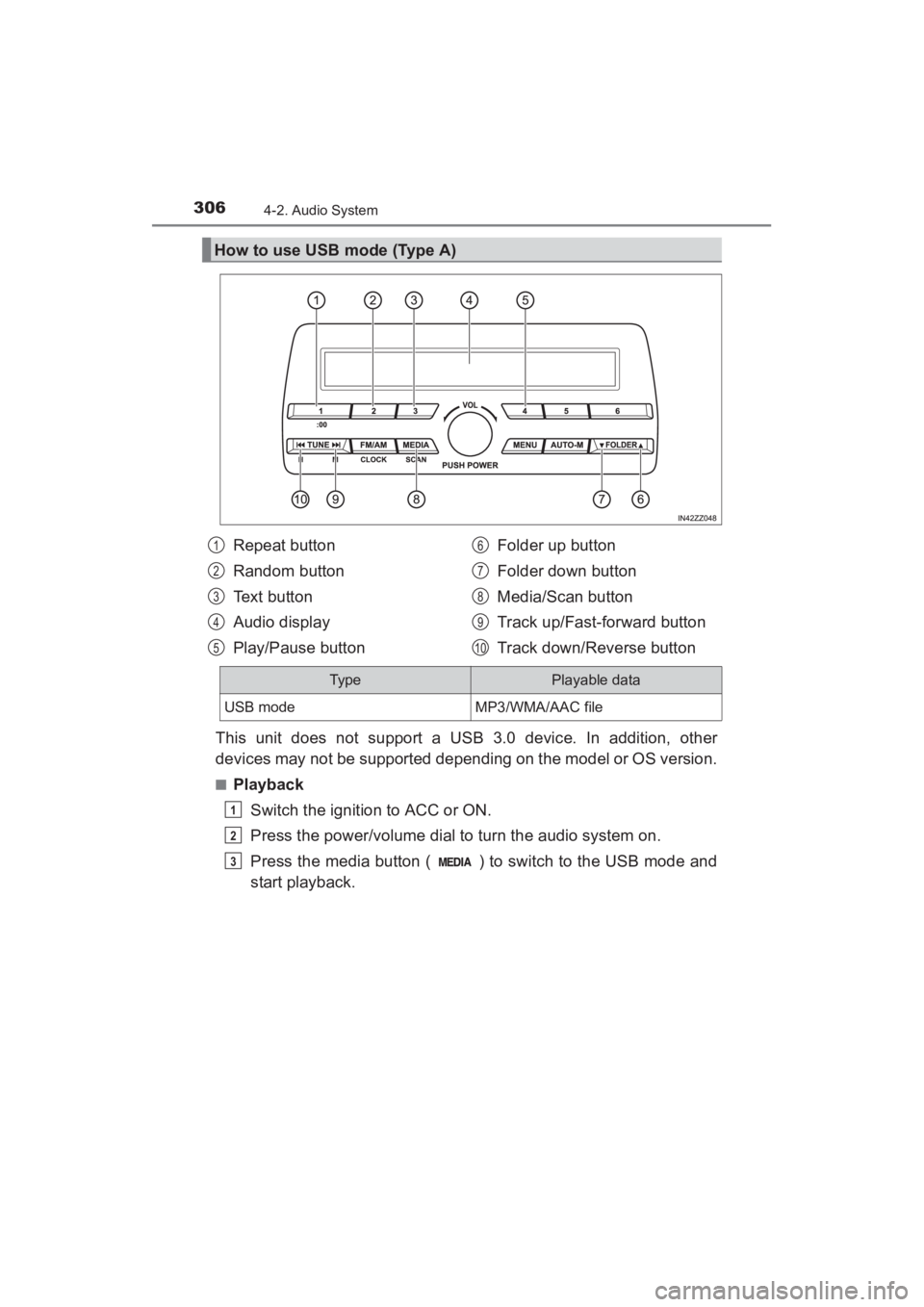 TOYOTA YARIS 2016  Owners Manual 306
YARIS_SEDAN_OM_OM99M18z_(U)
4-2. Audio System
This unit does not support a USB 3.0 device. In addition, other
devices may not be supported depending on the model or OS version.
■PlaybackSwitch t