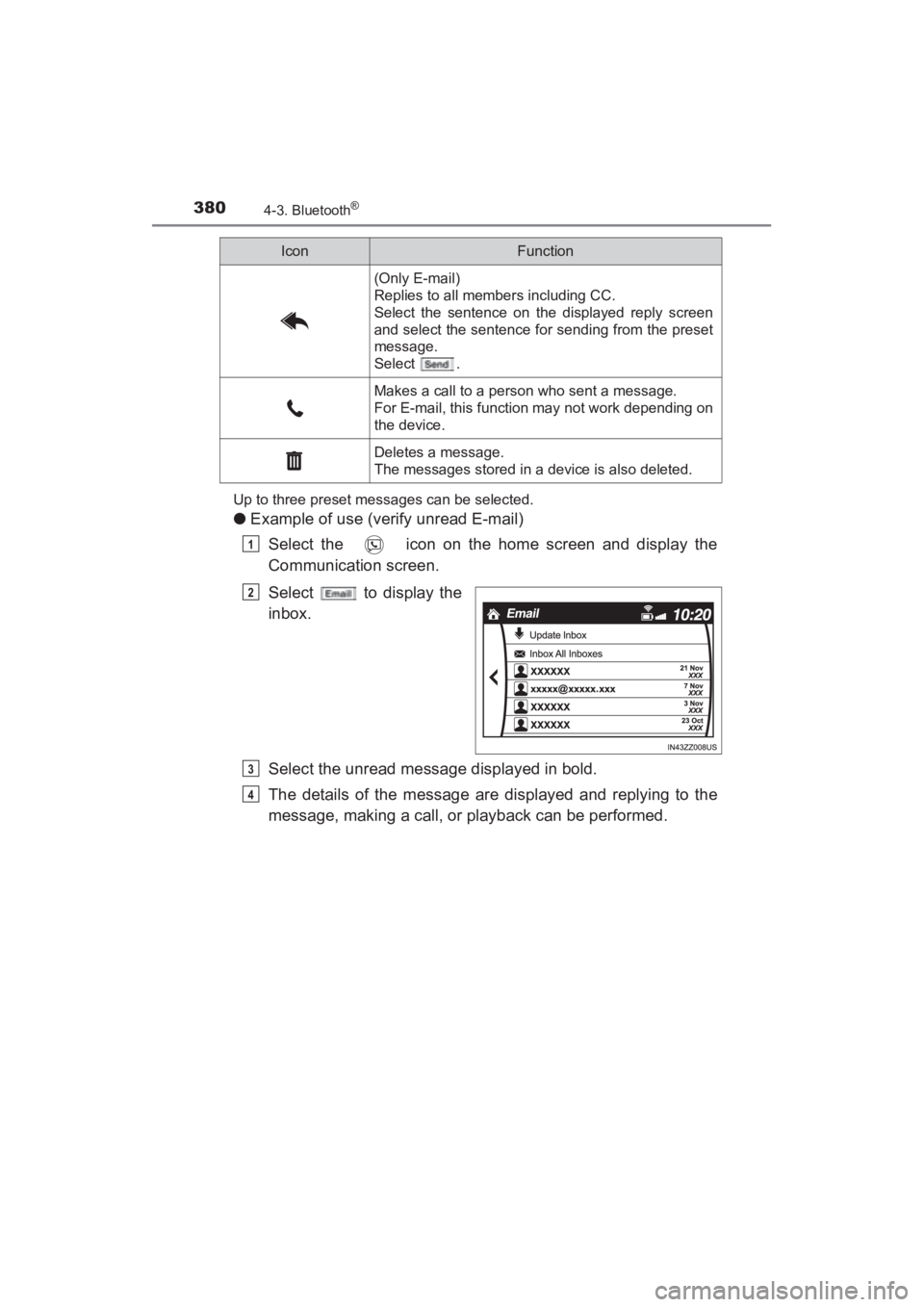 TOYOTA YARIS 2016  Owners Manual 380
YARIS_SEDAN_OM_OM99M18z_(U)
4-3. Bluetooth®
Up to three preset messages can be selected.
●Example of use (verify unread E-mail)
Select the   icon on the home screen and display the
Communicatio