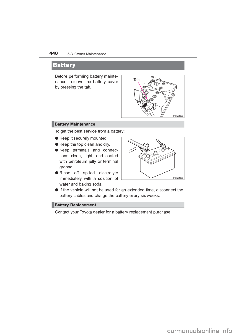 TOYOTA YARIS 2016 Owners Manual 440
YARIS_SEDAN_OM_OM99M18z_(U)
5-3. Owner Maintenance
Batter y
Before performing battery mainte-
nance, remove the battery cover
by pressing the tab.
To get the best service from a battery:
●Keep i TOYOTA YARIS 2016 Owners Manual 440
YARIS_SEDAN_OM_OM99M18z_(U)
5-3. Owner Maintenance
Batter y
Before performing battery mainte-
nance, remove the battery cover
by pressing the tab.
To get the best service from a battery:
●Keep i