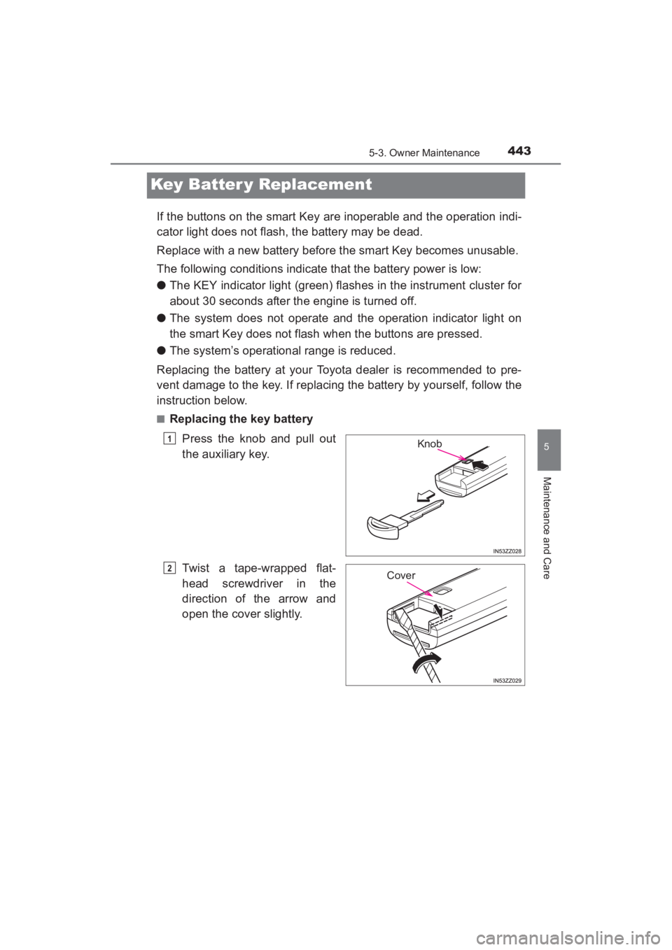 TOYOTA YARIS 2016 Owners Manual 443
YARIS_SEDAN_OM_OM99M18z_(U)
5-3. Owner Maintenance
5
Maintenance and Care
Key Batter y Replacement
If the buttons on the smart Key are inoperable and the operation indi-
cator light does not flash TOYOTA YARIS 2016 Owners Manual 443
YARIS_SEDAN_OM_OM99M18z_(U)
5-3. Owner Maintenance
5
Maintenance and Care
Key Batter y Replacement
If the buttons on the smart Key are inoperable and the operation indi-
cator light does not flash