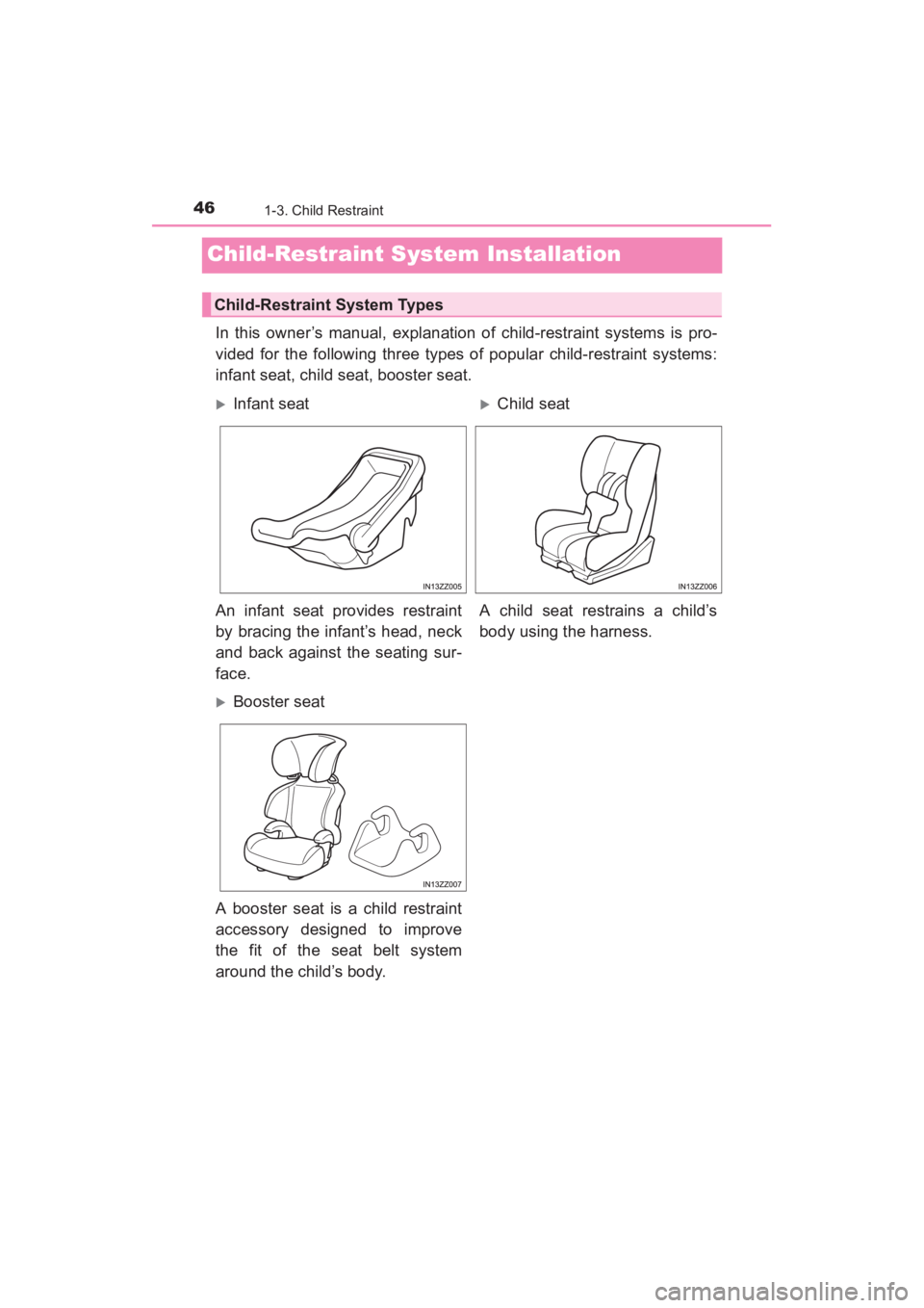 TOYOTA YARIS 2016 Service Manual 46
YARIS_SEDAN_OM_OM99M18z_(U)
1-3. Child Restraint
Child-Restraint System Installation
In this owner’s manual, explanation of child-restraint systems is pro-
vided for the following three types of TOYOTA YARIS 2016 Service Manual 46
YARIS_SEDAN_OM_OM99M18z_(U)
1-3. Child Restraint
Child-Restraint System Installation
In this owner’s manual, explanation of child-restraint systems is pro-
vided for the following three types of