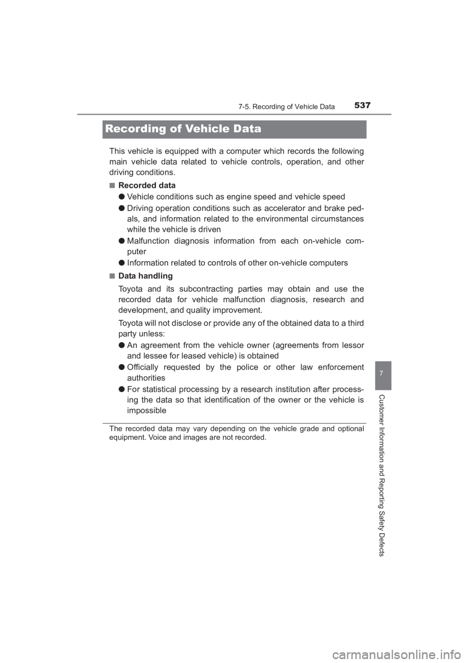 TOYOTA YARIS 2016 Owners Manual 537
YARIS_SEDAN_OM_OM99M18z_(U)
7-5. Recording of Vehicle Data
7
Customer Information and Reporting Safety Defects
Recording of Vehicle Data
This vehicle is equipped with a computer which records the TOYOTA YARIS 2016 Owners Manual 537
YARIS_SEDAN_OM_OM99M18z_(U)
7-5. Recording of Vehicle Data
7
Customer Information and Reporting Safety Defects
Recording of Vehicle Data
This vehicle is equipped with a computer which records the