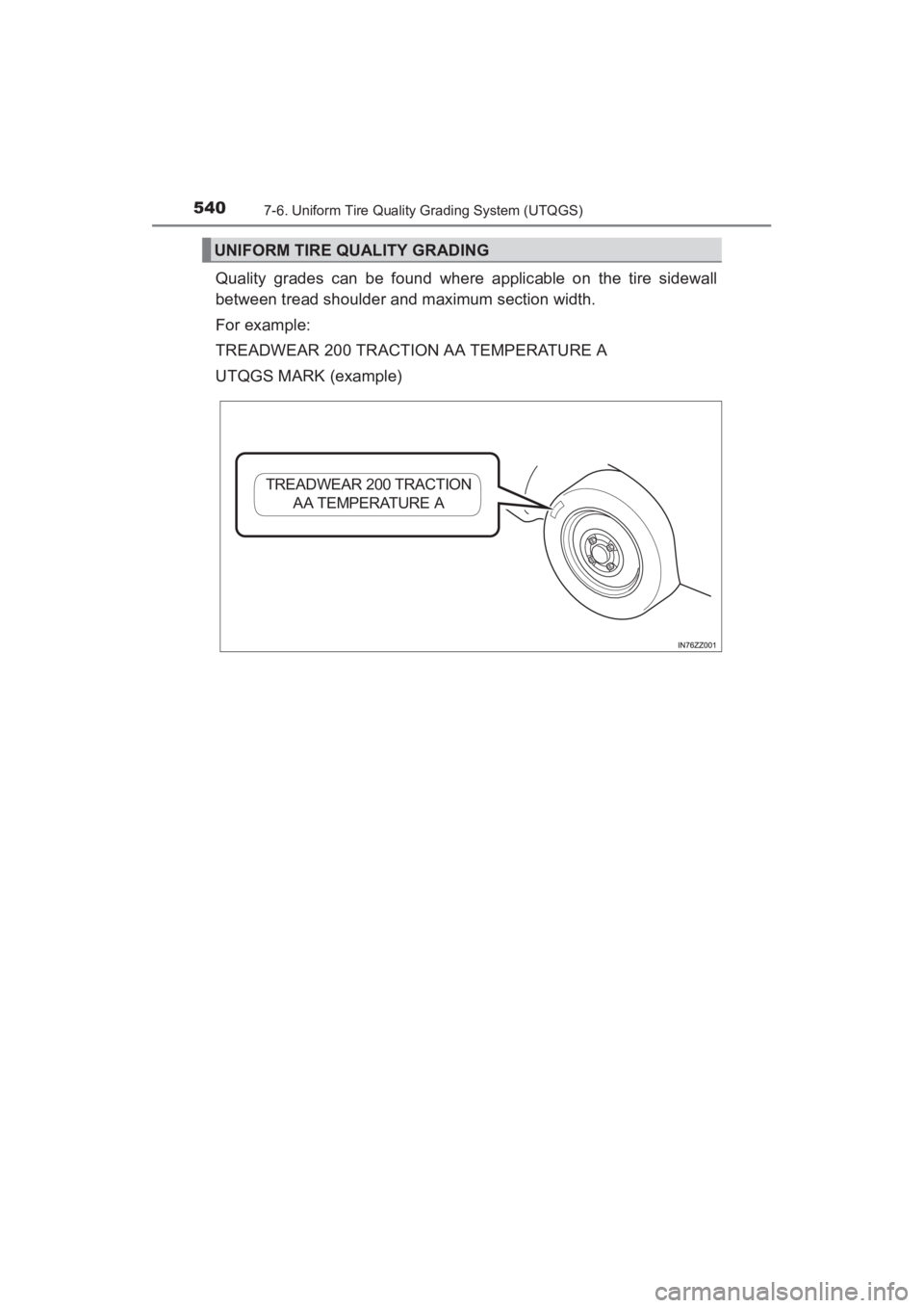 TOYOTA YARIS 2016 Owners Manual 540
YARIS_SEDAN_OM_OM99M18z_(U)
7-6. Uniform Tire Quality Grading System (UTQGS)
Quality grades can be found where applicable on the tire sidewall
between tread shoulder and maximum section width.
For TOYOTA YARIS 2016 Owners Manual 540
YARIS_SEDAN_OM_OM99M18z_(U)
7-6. Uniform Tire Quality Grading System (UTQGS)
Quality grades can be found where applicable on the tire sidewall
between tread shoulder and maximum section width.
For