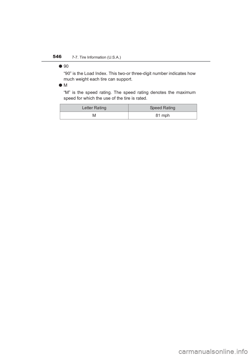 TOYOTA YARIS 2016 Owners Manual 546
YARIS_SEDAN_OM_OM99M18z_(U)
7-7. Tire Information (U.S.A.)
●90
“90” is the Load Index. This two-or three-digit number indicates how
much weight each tire can support.
● M
“M” is the sp TOYOTA YARIS 2016 Owners Manual 546
YARIS_SEDAN_OM_OM99M18z_(U)
7-7. Tire Information (U.S.A.)
●90
“90” is the Load Index. This two-or three-digit number indicates how
much weight each tire can support.
● M
“M” is the sp