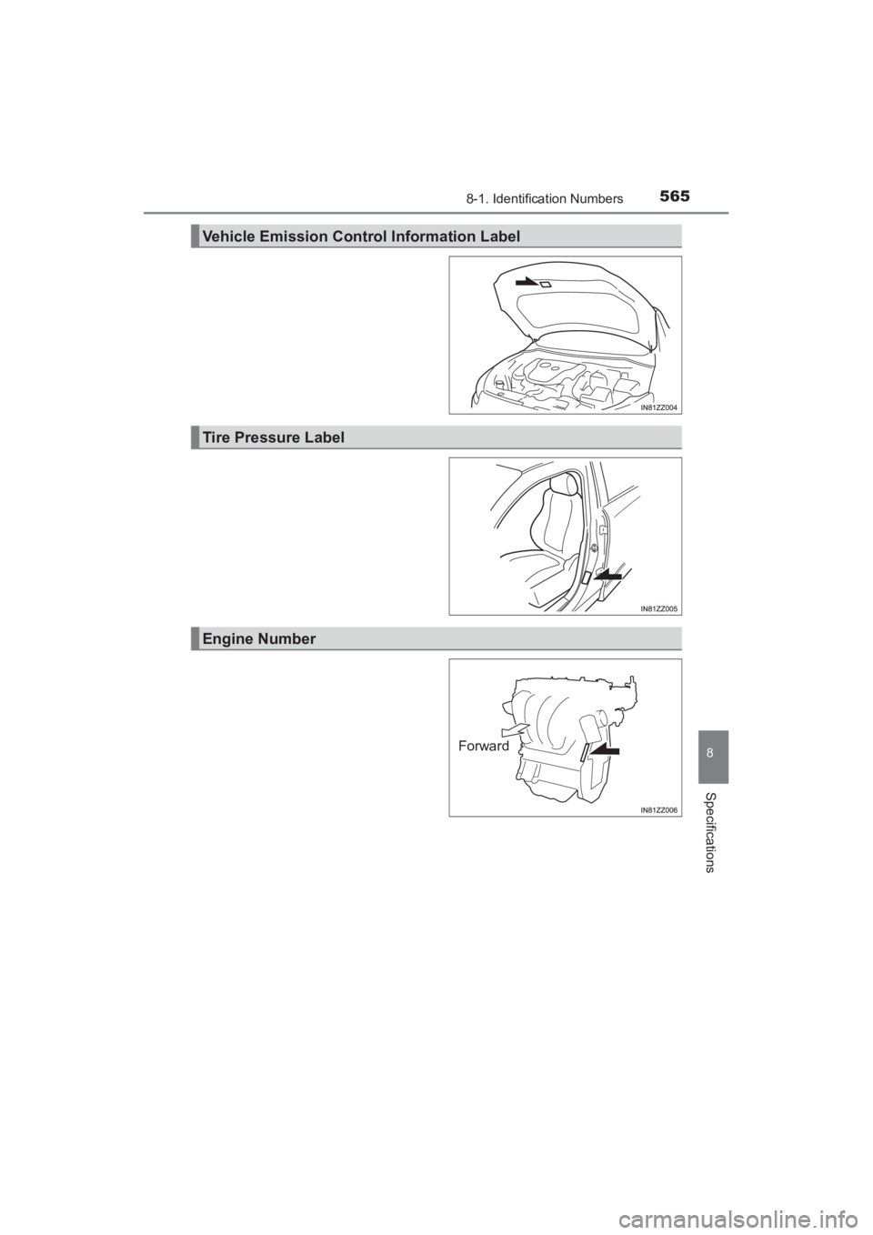 TOYOTA YARIS 2016  Owners Manual 5658-1. Identification Numbers
YARIS_SEDAN_OM_OM99M18z_(U)
8
Specifications
Vehicle Emission Control Information Label
Tire Pressure Label
Engine Number
Forward
YARIS_SEDAN_OM_OM99M18z_(U).book  Page 