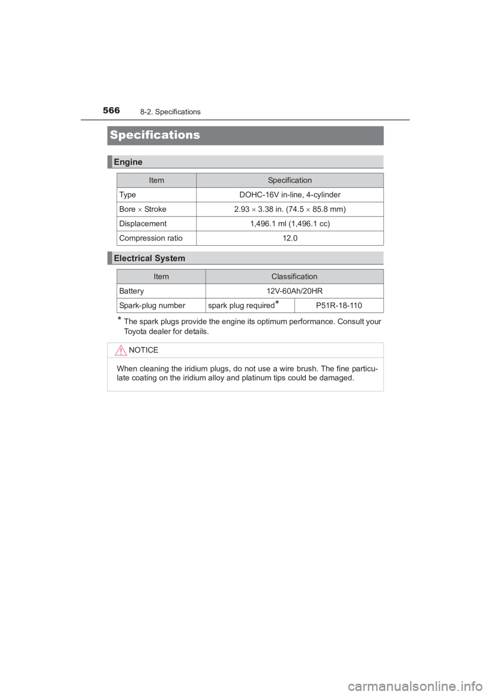 TOYOTA YARIS 2016  Owners Manual 566
YARIS_SEDAN_OM_OM99M18z_(U)
8-2. Specifications
Specifications
*The spark plugs provide the engine its optimum performance. Consult your
Toyota dealer for details.
Engine
ItemSpecification
Typ eDO