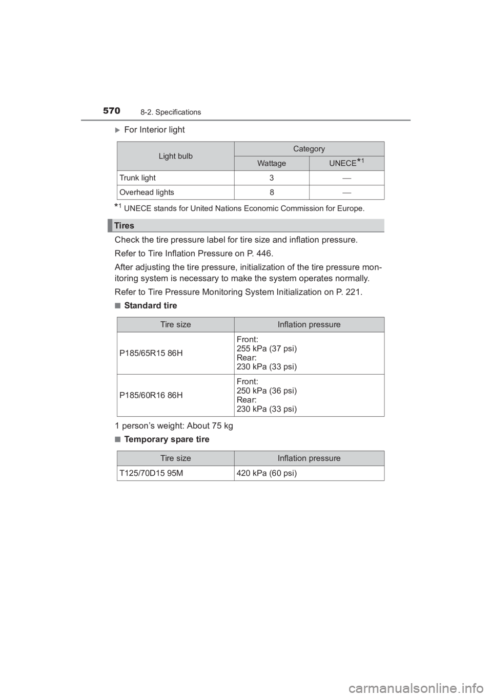 TOYOTA YARIS 2016  Owners Manual 5708-2. Specifications
YARIS_SEDAN_OM_OM99M18z_(U)
�XFor Interior light
*1 UNECE stands for United Nations Economic Commission for Europe.
Check the tire pressure label for tire size and inflation pre