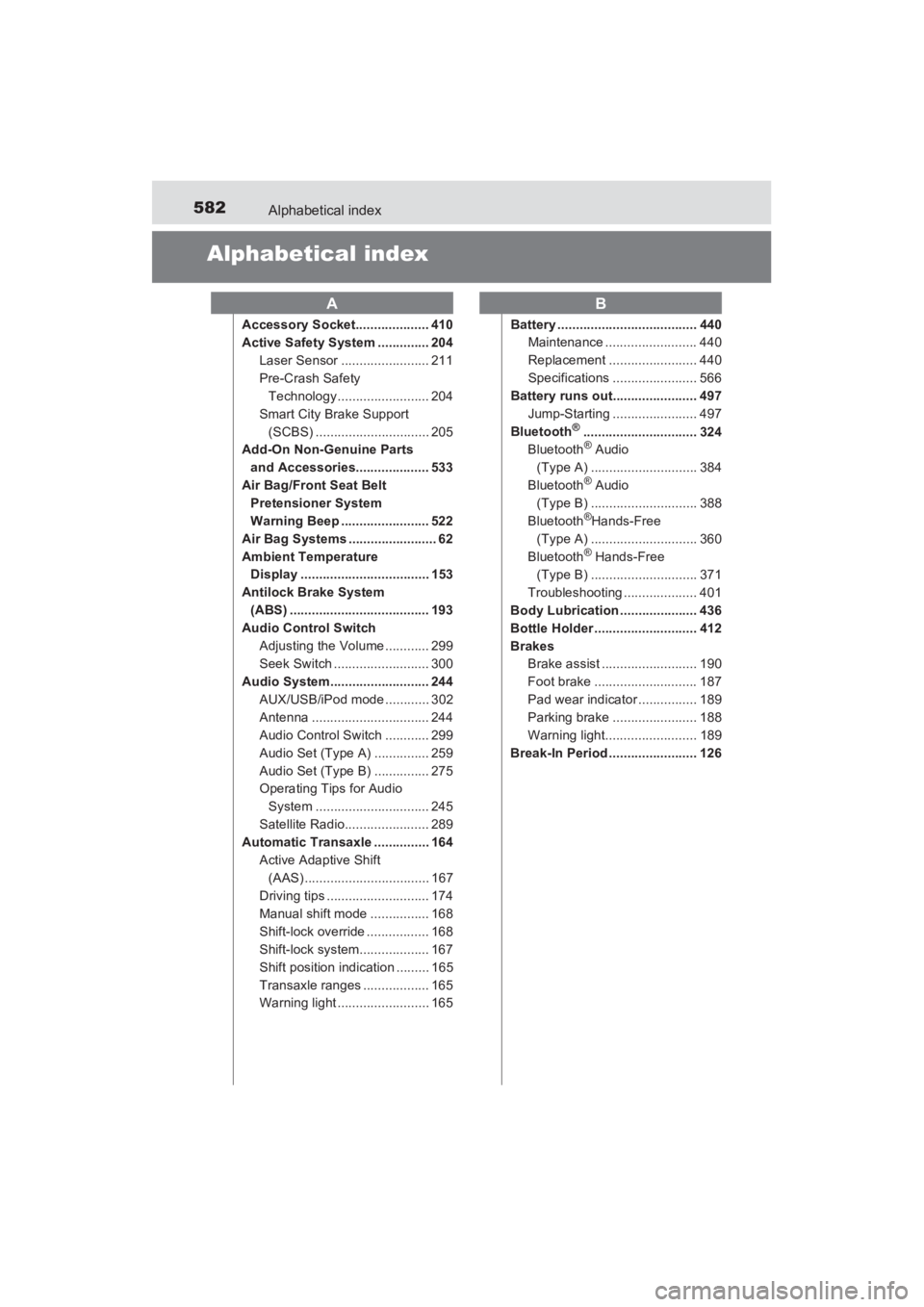 TOYOTA YARIS 2016 Owners Manual 582Alphabetical index
YARIS_SEDAN_OM_OM99M18z_(U)
Alphabetical index
Accessory Socket.................... 410
Active Safety System .............. 204Laser Sensor ........................ 211
Pre-Crash TOYOTA YARIS 2016 Owners Manual 582Alphabetical index
YARIS_SEDAN_OM_OM99M18z_(U)
Alphabetical index
Accessory Socket.................... 410
Active Safety System .............. 204Laser Sensor ........................ 211
Pre-Crash