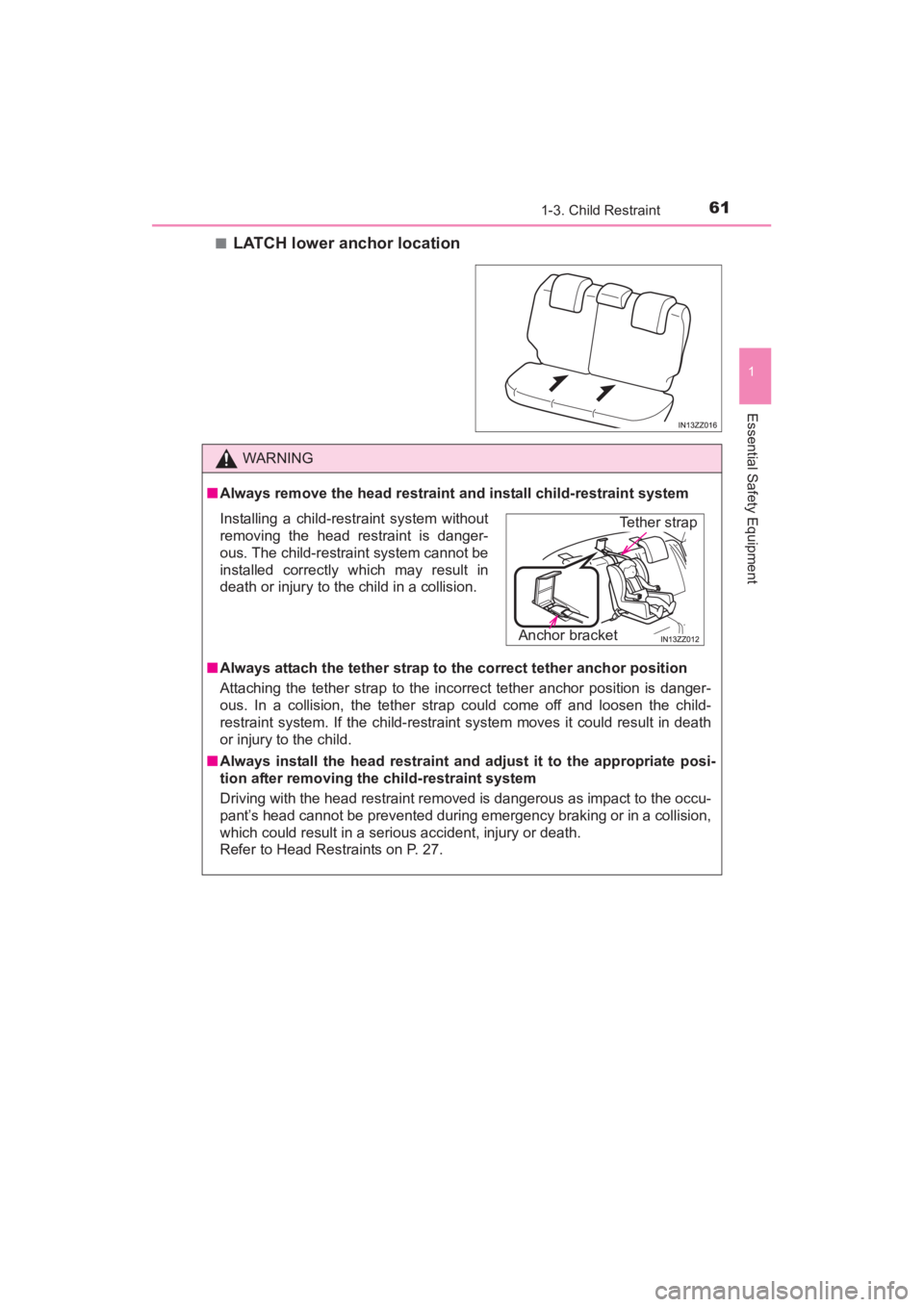 TOYOTA YARIS 2016 Repair Manual YARIS_SEDAN_OM_OM99M18z_(U)
611-3. Child Restraint
1
Essential Safety Equipment
■LATCH lower anchor location
WARNING
■Always remove the head restraint and install child-restraint system
■ Always TOYOTA YARIS 2016 Repair Manual YARIS_SEDAN_OM_OM99M18z_(U)
611-3. Child Restraint
1
Essential Safety Equipment
■LATCH lower anchor location
WARNING
■Always remove the head restraint and install child-restraint system
■ Always