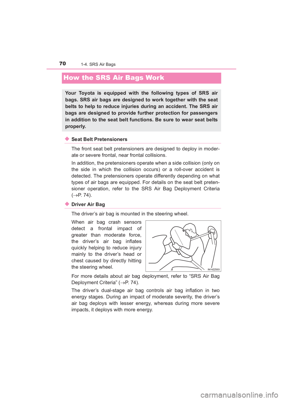 TOYOTA YARIS 2016 Manual PDF 70
YARIS_SEDAN_OM_OM99M18z_(U)
1-4. SRS Air Bags
How the SRS Air Bags Work
◆Seat Belt Pretensioners
The front seat belt pretensioners are designed to deploy in moder-
ate or severe frontal, near fro TOYOTA YARIS 2016 Manual PDF 70
YARIS_SEDAN_OM_OM99M18z_(U)
1-4. SRS Air Bags
How the SRS Air Bags Work
◆Seat Belt Pretensioners
The front seat belt pretensioners are designed to deploy in moder-
ate or severe frontal, near fro
