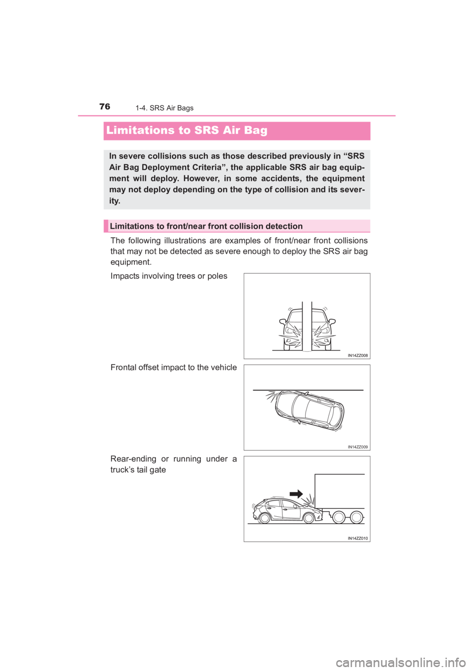 TOYOTA YARIS 2016 Manual PDF 76
YARIS_SEDAN_OM_OM99M18z_(U)
1-4. SRS Air Bags
Limitations to SRS Air Bag
The following illustrations are examples of front/near front collisions
that may not be detected as severe enough to deploy TOYOTA YARIS 2016 Manual PDF 76
YARIS_SEDAN_OM_OM99M18z_(U)
1-4. SRS Air Bags
Limitations to SRS Air Bag
The following illustrations are examples of front/near front collisions
that may not be detected as severe enough to deploy