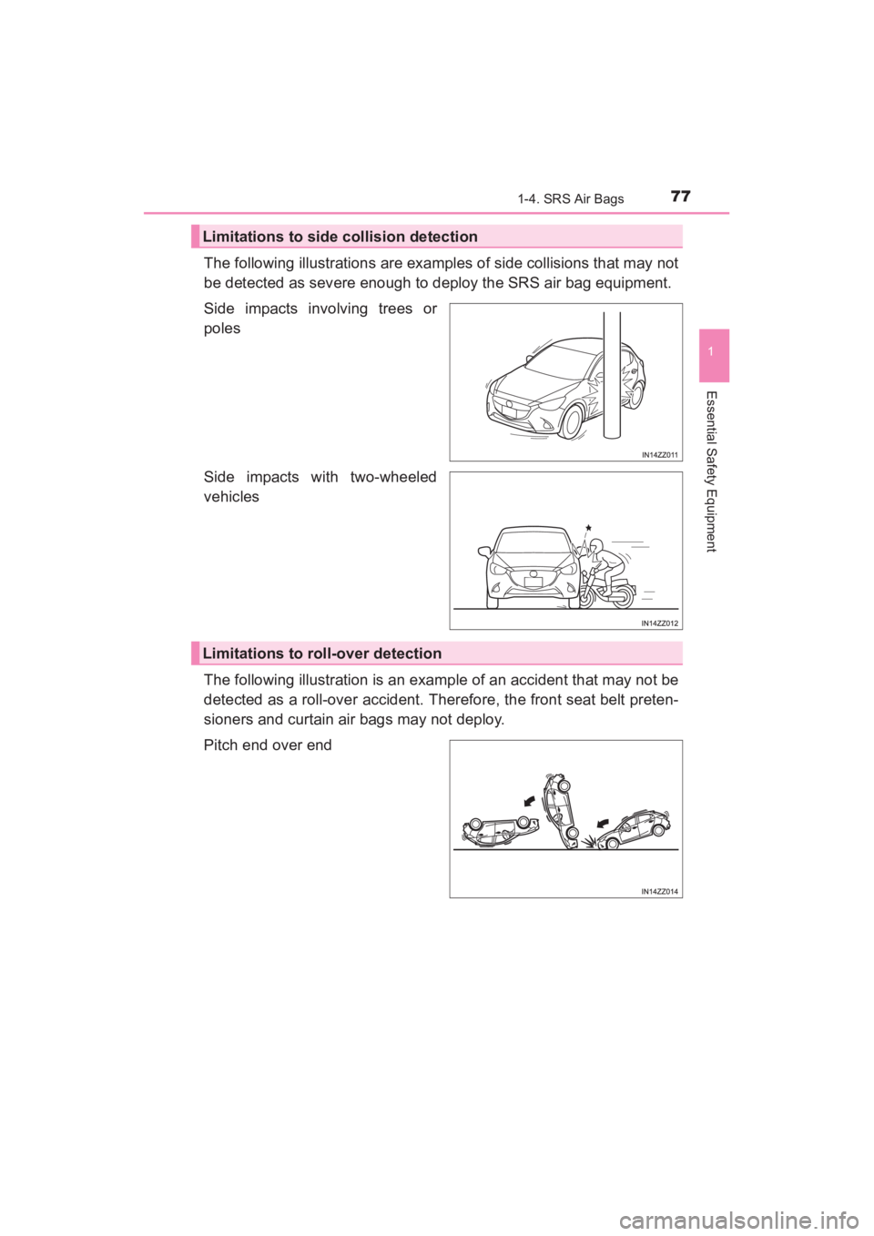 TOYOTA YARIS 2016 Manual PDF YARIS_SEDAN_OM_OM99M18z_(U)
771-4. SRS Air Bags
1
Essential Safety Equipment
The following illustrations are examples of side collisions that may not
be detected as severe enough to deploy the SRS air TOYOTA YARIS 2016 Manual PDF YARIS_SEDAN_OM_OM99M18z_(U)
771-4. SRS Air Bags
1
Essential Safety Equipment
The following illustrations are examples of side collisions that may not
be detected as severe enough to deploy the SRS air