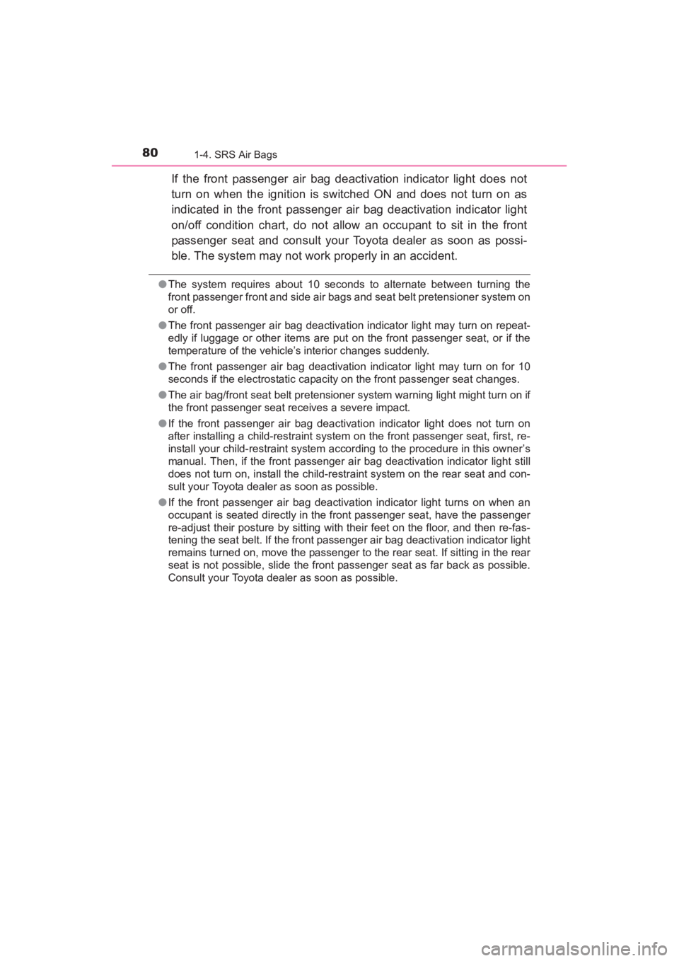 TOYOTA YARIS 2016  Owners Manual 80
YARIS_SEDAN_OM_OM99M18z_(U)
1-4. SRS Air Bags
If the front passenger air bag deactivation indicator light does not
turn on when the ignition is switched ON and does not turn on as
indicated in the 