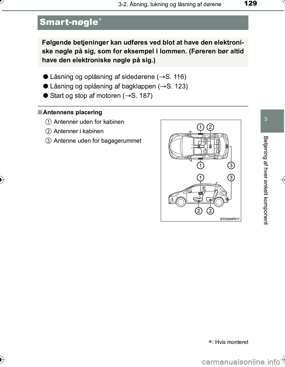 TOYOTA YARIS HATCHBACK 2016 Brugsanvisning (in Danish) 129
3
3-2. Åbning, lukning og låsning af dørene
Betjening af hver enkelt komponent
OM52G66DK
Smart-nøgle
lLåsning og oplåsning af sidedørene ( S. 116)
l Låsning og oplåsning af bagklapp TOYOTA YARIS HATCHBACK 2016 Brugsanvisning (in Danish) 129
3
3-2. Åbning, lukning og låsning af dørene
Betjening af hver enkelt komponent
OM52G66DK
Smart-nøgle
lLåsning og oplåsning af sidedørene ( S. 116)
l Låsning og oplåsning af bagklapp