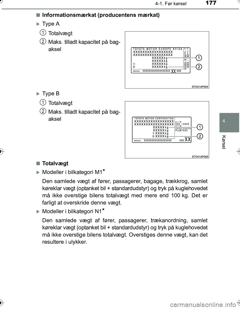 TOYOTA YARIS HATCHBACK 2016  Brugsanvisning (in Danish) 1774-1. Før kørsel
4
Kørsel
OM52G66DKn
Informationsmærkat (producentens mærkat)
Ty p e  A
To t a l v æ g t
Maks. tilladt kapacitet på bag-
aksel
Ty p e  BTo t a l v æ g t
Maks. tilladt k