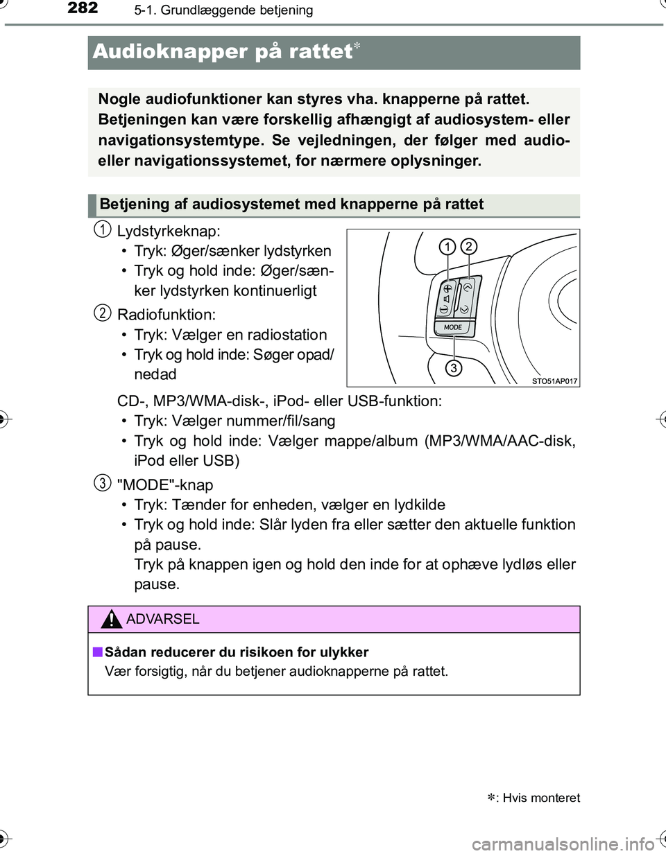 TOYOTA YARIS HATCHBACK 2016 Brugsanvisning (in Danish) 2825-1. Grundlæggende betjening
OM52G66DK
Audioknapper på rattet
Lydstyrkeknap:• Tryk: Øger/sænker lydstyrken
• Tryk og hold inde: Øger/sæn- ker lydstyrken kontinuerligt
Radiofunktion: TOYOTA YARIS HATCHBACK 2016 Brugsanvisning (in Danish) 2825-1. Grundlæggende betjening
OM52G66DK
Audioknapper på rattet
Lydstyrkeknap:• Tryk: Øger/sænker lydstyrken
• Tryk og hold inde: Øger/sæn- ker lydstyrken kontinuerligt
Radiofunktion: