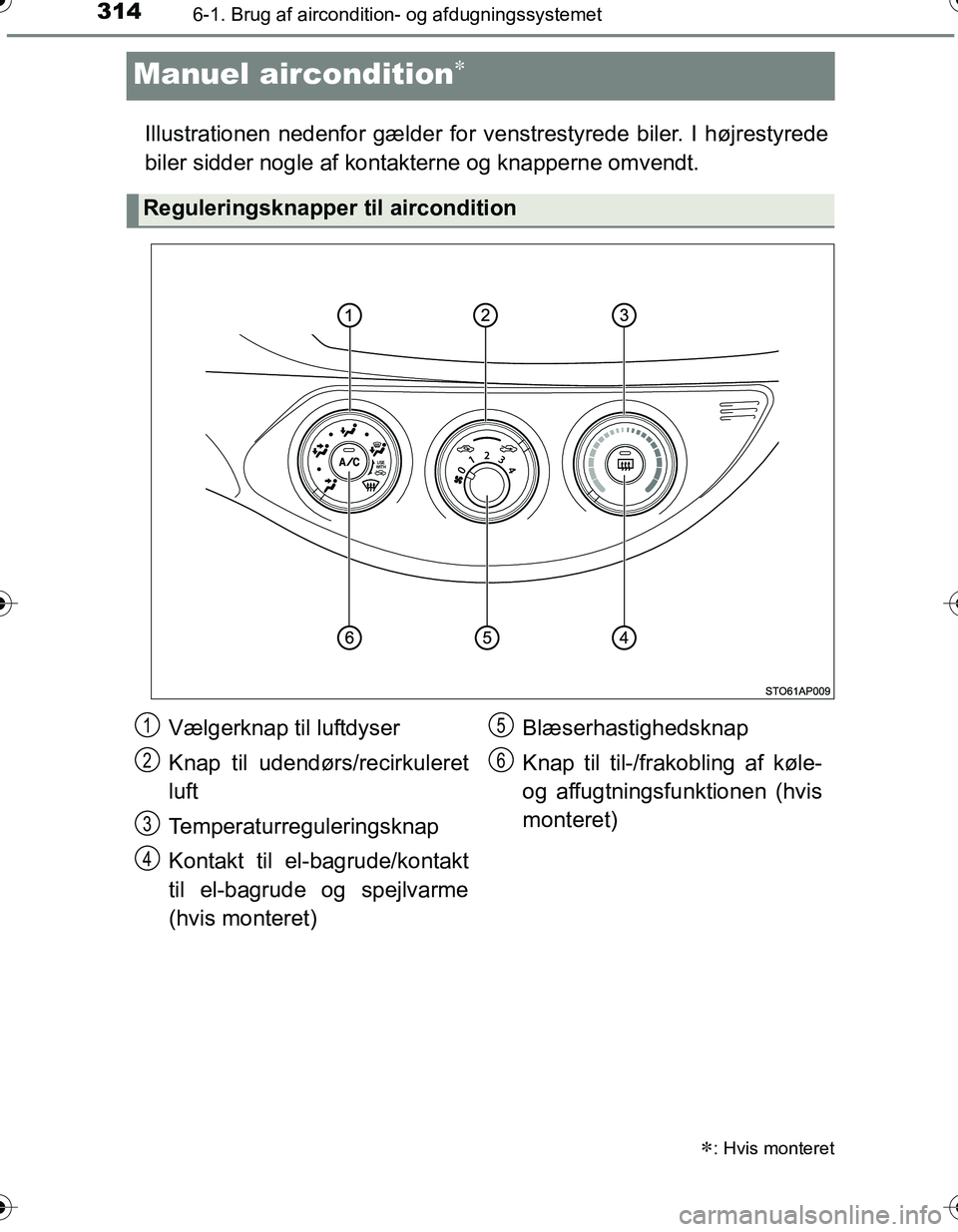 TOYOTA YARIS HATCHBACK 2016  Brugsanvisning (in Danish) 3146-1. Brug af aircondition- og afdugningssystemet
OM52G66DK
Manuel aircondition
Illustrationen nedenfor gælder for venstrestyrede biler. I højrestyrede
biler sidder nogle af kontakterne og knap