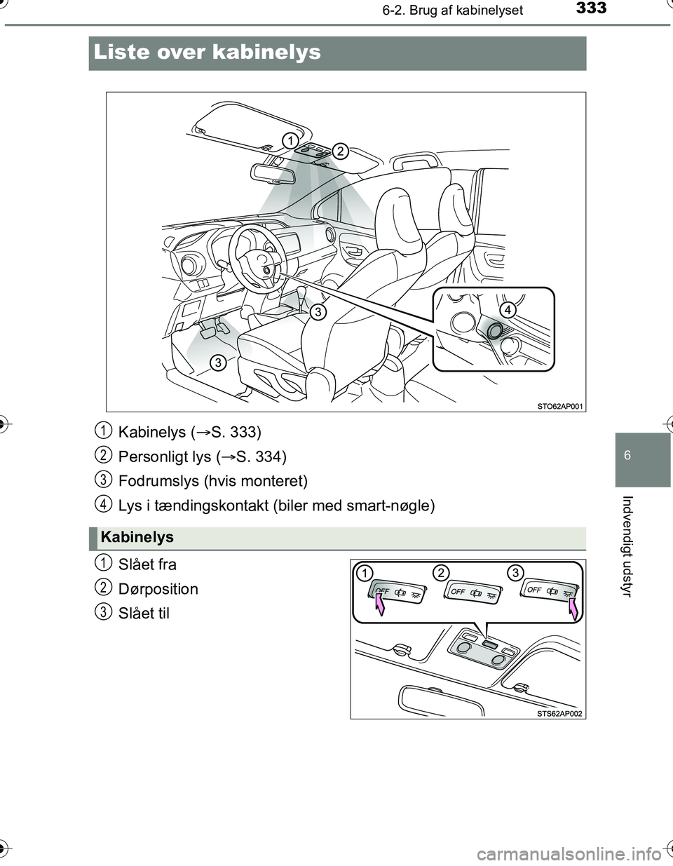 TOYOTA YARIS HATCHBACK 2016  Brugsanvisning (in Danish) 3336-2. Brug af kabinelyset
6
Indvendigt udstyr
OM52G66DK
Liste over kabinelys
Slået fra
Dørposition
Slået til
Kabinelys (S. 333)
Personligt lys ( S. 334)
Fodrumslys (hvis monteret)
Lys i tæ