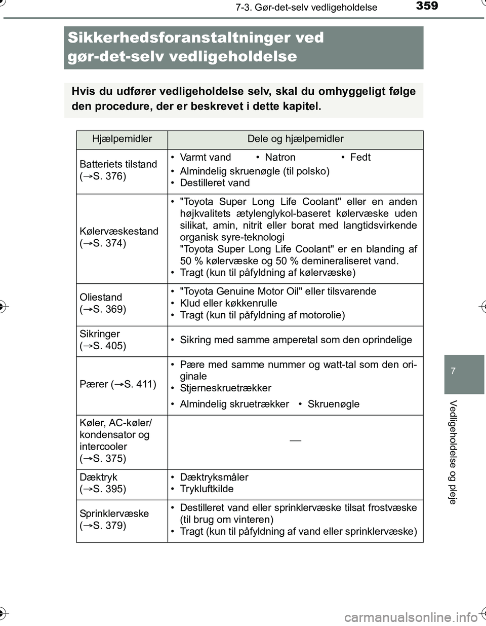 TOYOTA YARIS HATCHBACK 2016 Brugsanvisning (in Danish) 3597-3. Gør-det-selv vedligeholdelse
7
Vedligeholdelse og pleje
OM52G66DK
Sikkerhedsforanstaltninger ved
gør-det-selv vedligeholdelse
Hvis du udfører vedligeholdelse selv, skal du omhyggeligt føl TOYOTA YARIS HATCHBACK 2016 Brugsanvisning (in Danish) 3597-3. Gør-det-selv vedligeholdelse
7
Vedligeholdelse og pleje
OM52G66DK
Sikkerhedsforanstaltninger ved
gør-det-selv vedligeholdelse
Hvis du udfører vedligeholdelse selv, skal du omhyggeligt føl