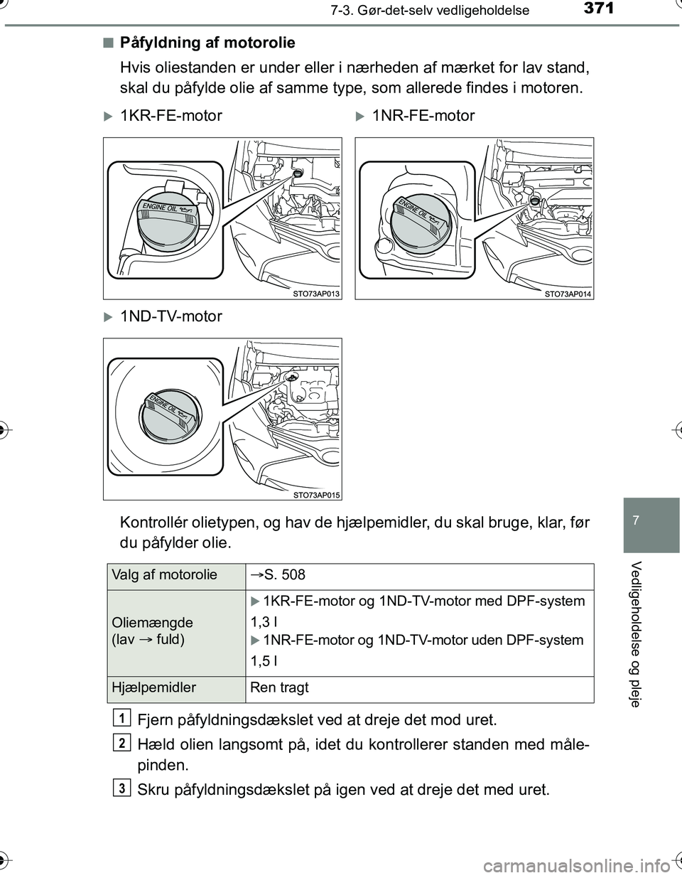 TOYOTA YARIS HATCHBACK 2016 Brugsanvisning (in Danish) 3717-3. Gør-det-selv vedligeholdelse
7
Vedligeholdelse og pleje
OM52G66DKn
Påfyldning af motorolie
Hvis oliestanden er under eller i nærheden af mærket for lav stand,
skal du påfylde olie af samm TOYOTA YARIS HATCHBACK 2016 Brugsanvisning (in Danish) 3717-3. Gør-det-selv vedligeholdelse
7
Vedligeholdelse og pleje
OM52G66DKn
Påfyldning af motorolie
Hvis oliestanden er under eller i nærheden af mærket for lav stand,
skal du påfylde olie af samm