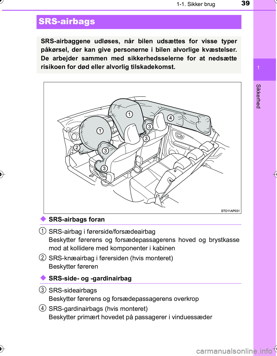 TOYOTA YARIS HATCHBACK 2016 Brugsanvisning (in Danish) 391-1. Sikker brug
1
Sikkerhed
OM52G66DK
SRS-airbags
uSRS-airbags foran
SRS-airbag i førerside/forsædeairbag
Beskytter førerens og forsædepassagerens hoved og brystkasse
mod at kollidere med komp TOYOTA YARIS HATCHBACK 2016 Brugsanvisning (in Danish) 391-1. Sikker brug
1
Sikkerhed
OM52G66DK
SRS-airbags
uSRS-airbags foran
SRS-airbag i førerside/forsædeairbag
Beskytter førerens og forsædepassagerens hoved og brystkasse
mod at kollidere med komp