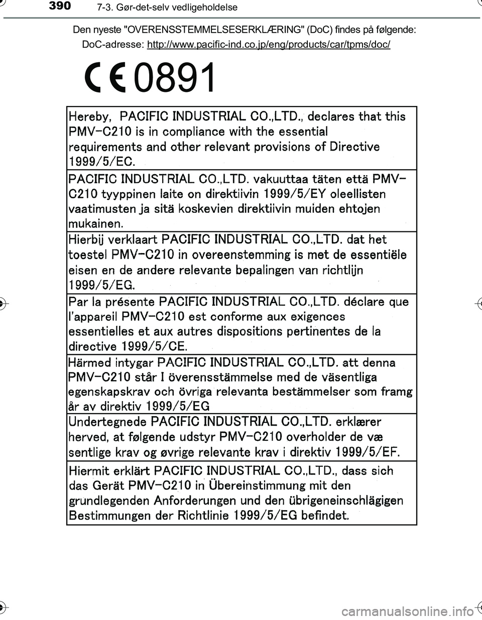 TOYOTA YARIS HATCHBACK 2016 Brugsanvisning (in Danish) 3907-3. Gør-det-selv vedligeholdelse
OM52G66DKDen nyeste "OVERENSSTEMMELSESERKLÆRING" (DoC) findes på følgende:
DoC-adresse: http://www.pacific-ind.co.jp/eng/products/car/tpms/doc/
OM52G66DK.book TOYOTA YARIS HATCHBACK 2016 Brugsanvisning (in Danish) 3907-3. Gør-det-selv vedligeholdelse
OM52G66DKDen nyeste "OVERENSSTEMMELSESERKLÆRING" (DoC) findes på følgende:
DoC-adresse: http://www.pacific-ind.co.jp/eng/products/car/tpms/doc/
OM52G66DK.book