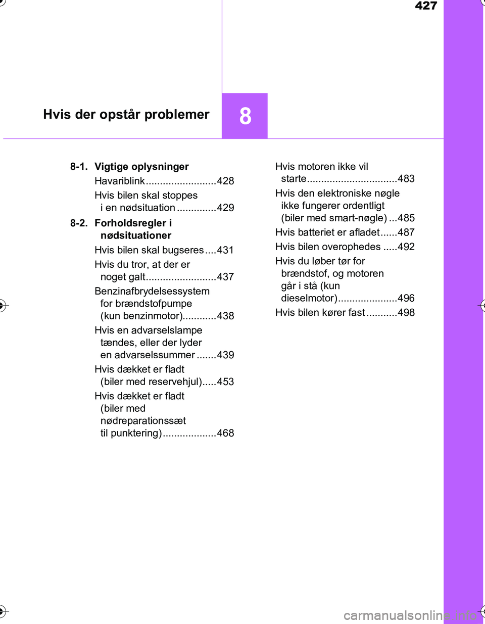 TOYOTA YARIS HATCHBACK 2016  Brugsanvisning (in Danish) 427
8Hvis der opstår problemer
OM52G66DK8-1. Vigtige oplysninger
Havariblink ......................... 428
Hvis bilen skal stoppes i en nødsituation .............. 429
8-2. Forholdsregler i  nødsit