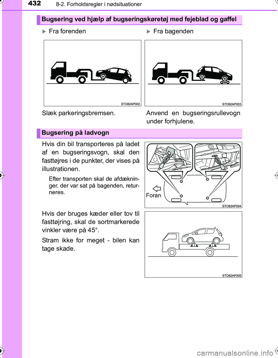 TOYOTA YARIS HATCHBACK 2016 Brugsanvisning (in Danish) 4328-2. Forholdsregler i nødsituationer
OM52G66DK
Hvis din bil transporteres på ladet
af en bugseringsvogn, skal den
fasttøjres i de punkter, der vises på
illustrationen.
Efter transporten skal de TOYOTA YARIS HATCHBACK 2016 Brugsanvisning (in Danish) 4328-2. Forholdsregler i nødsituationer
OM52G66DK
Hvis din bil transporteres på ladet
af en bugseringsvogn, skal den
fasttøjres i de punkter, der vises på
illustrationen.
Efter transporten skal de