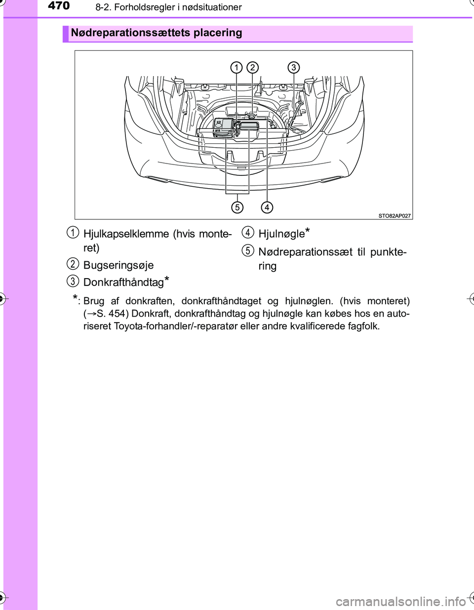 TOYOTA YARIS HATCHBACK 2016  Brugsanvisning (in Danish) 4708-2. Forholdsregler i nødsituationer
OM52G66DK
*: Brug af donkraften, donkrafthåndtaget og hjulnøglen. (hvis monteret)(S. 454) Donkraft, donkrafthåndtag og hjulnøgle kan købes hos en auto-